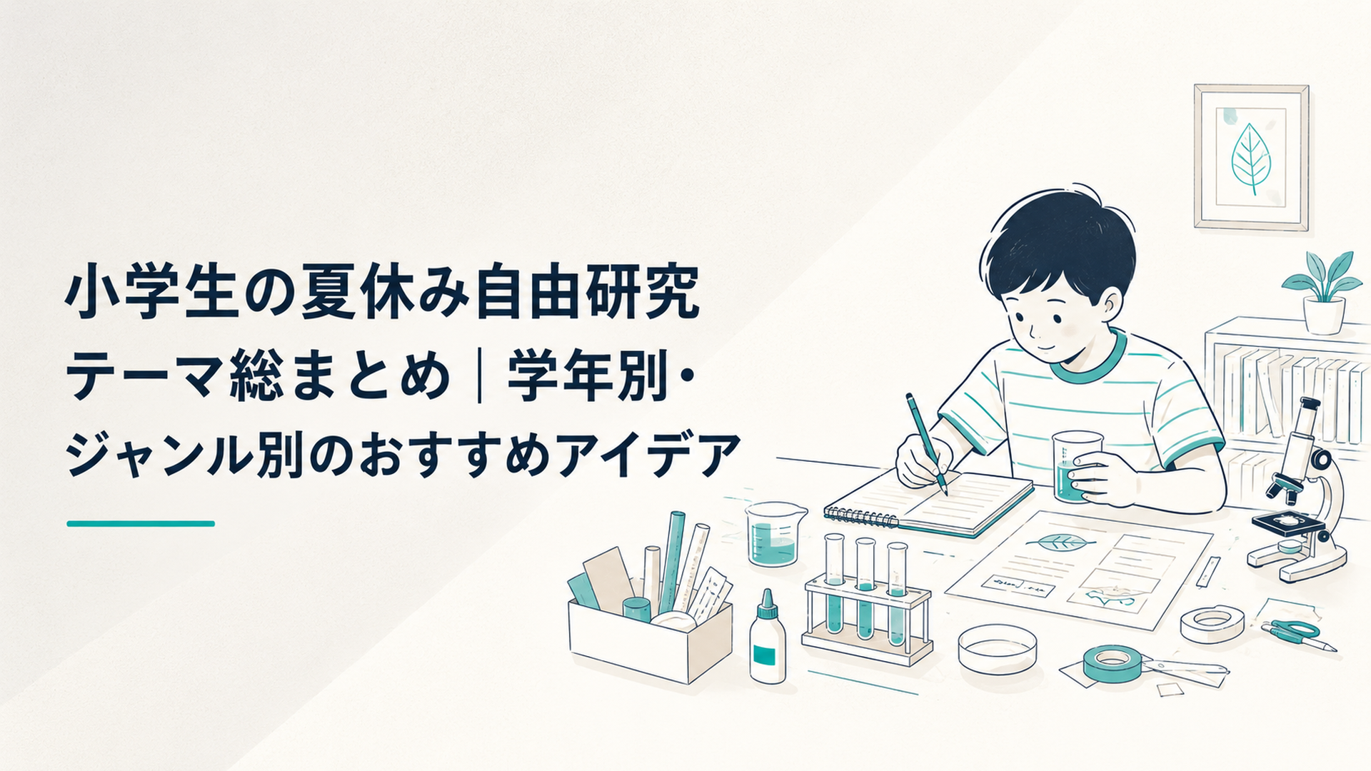 実験や工作の材料を机に広げて自由研究に取り組む小学生