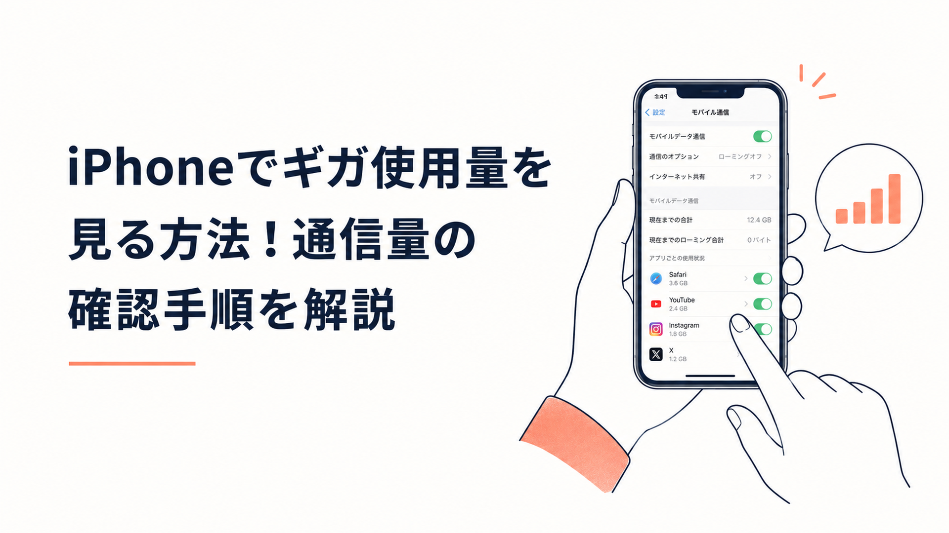 iPhoneのモバイル通信設定画面を開きデータ使用量を確認している様子