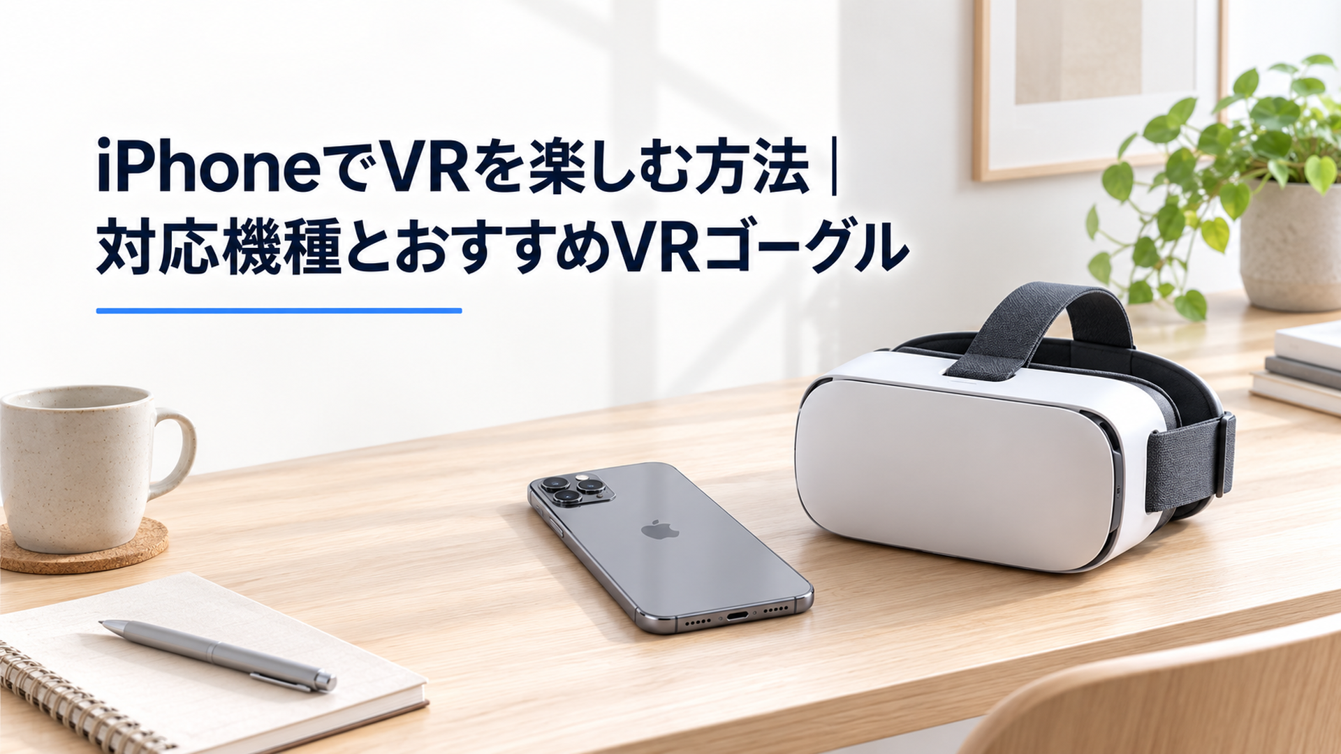明るい北欧風の部屋でiPhoneとスマホ用VRゴーグルを並べた清潔感のある製品写真