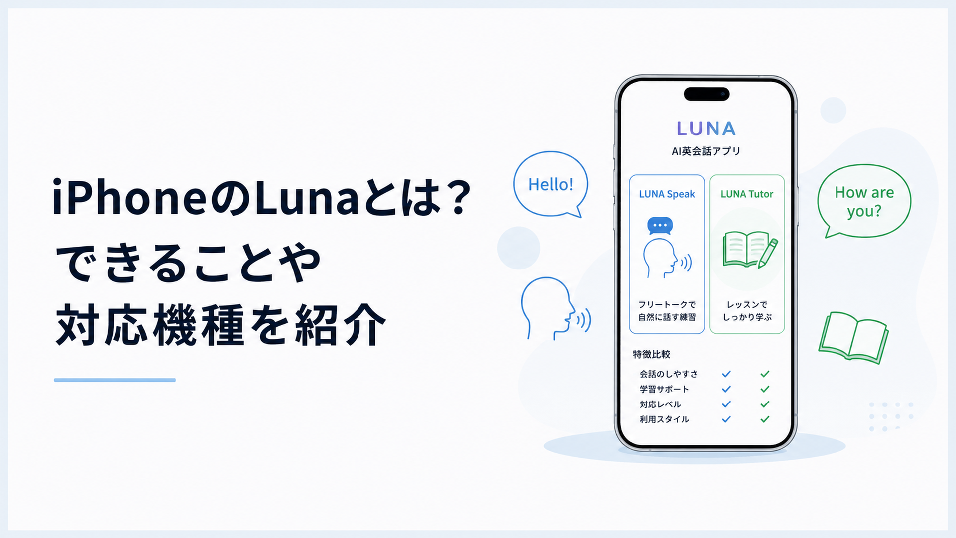iPhoneに表示された2種類のAI英会話アプリLUNAを比較するイメージ