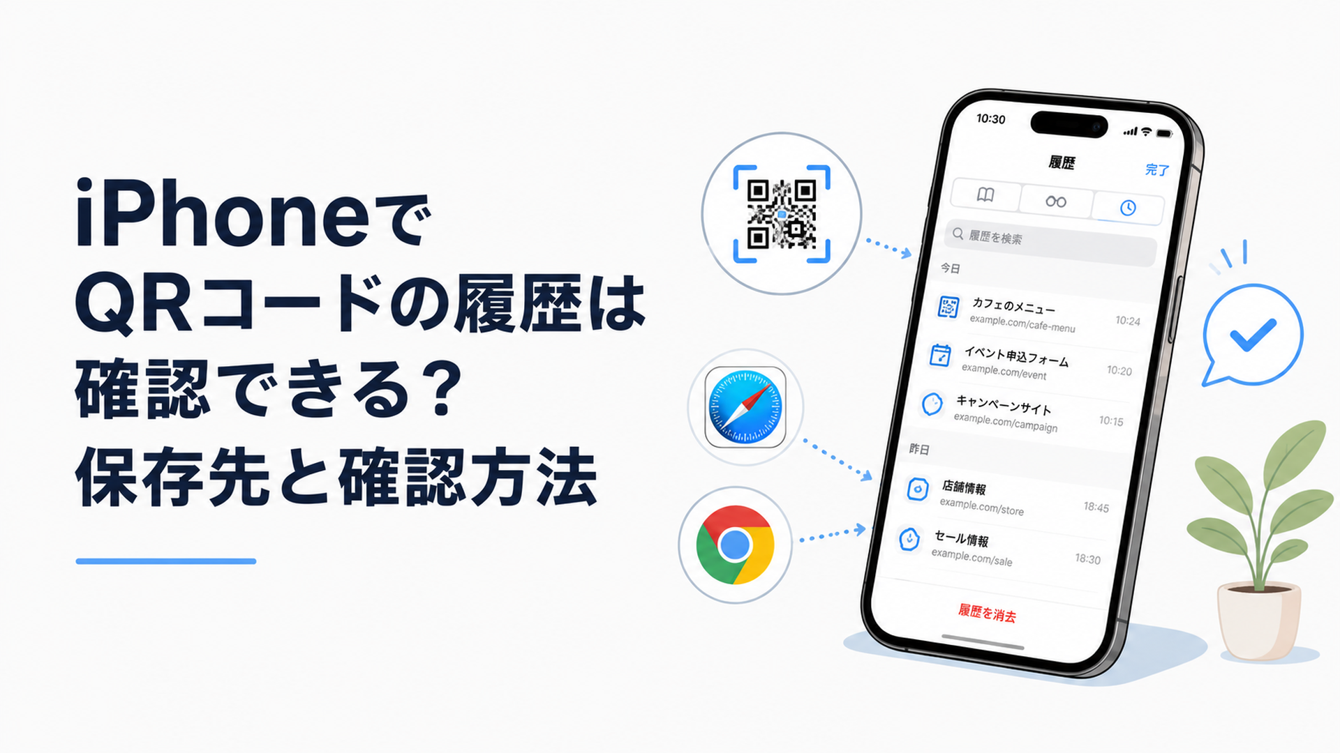 iPhoneでQRコードを読み取りSafariやChromeの履歴を確認している様子