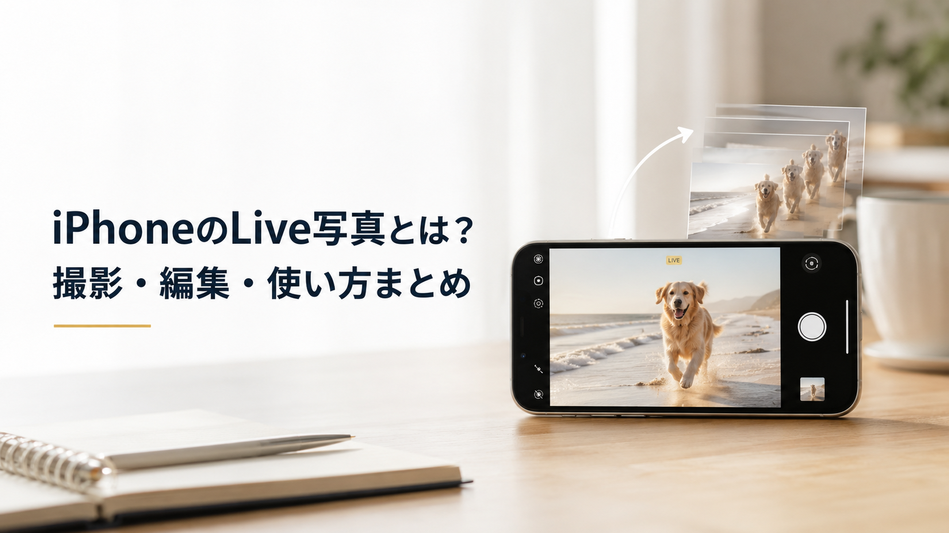 明るい室内の木製テーブルに置かれたiPhoneでLive写真を撮影し、写真が動き出す様子を表現した写真風のシーン