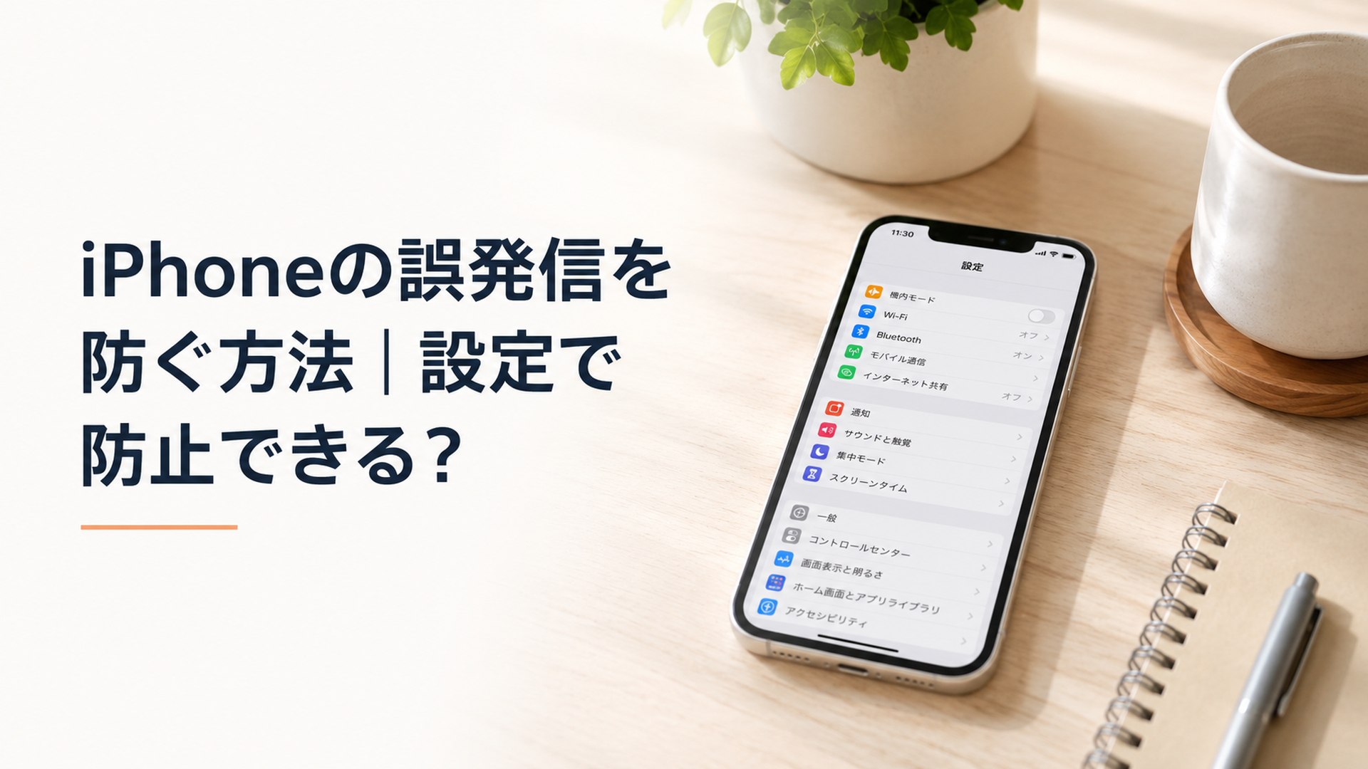 明るい木製デスクに置かれたiPhoneと設定画面を確認する手元を写した写真風のシーン