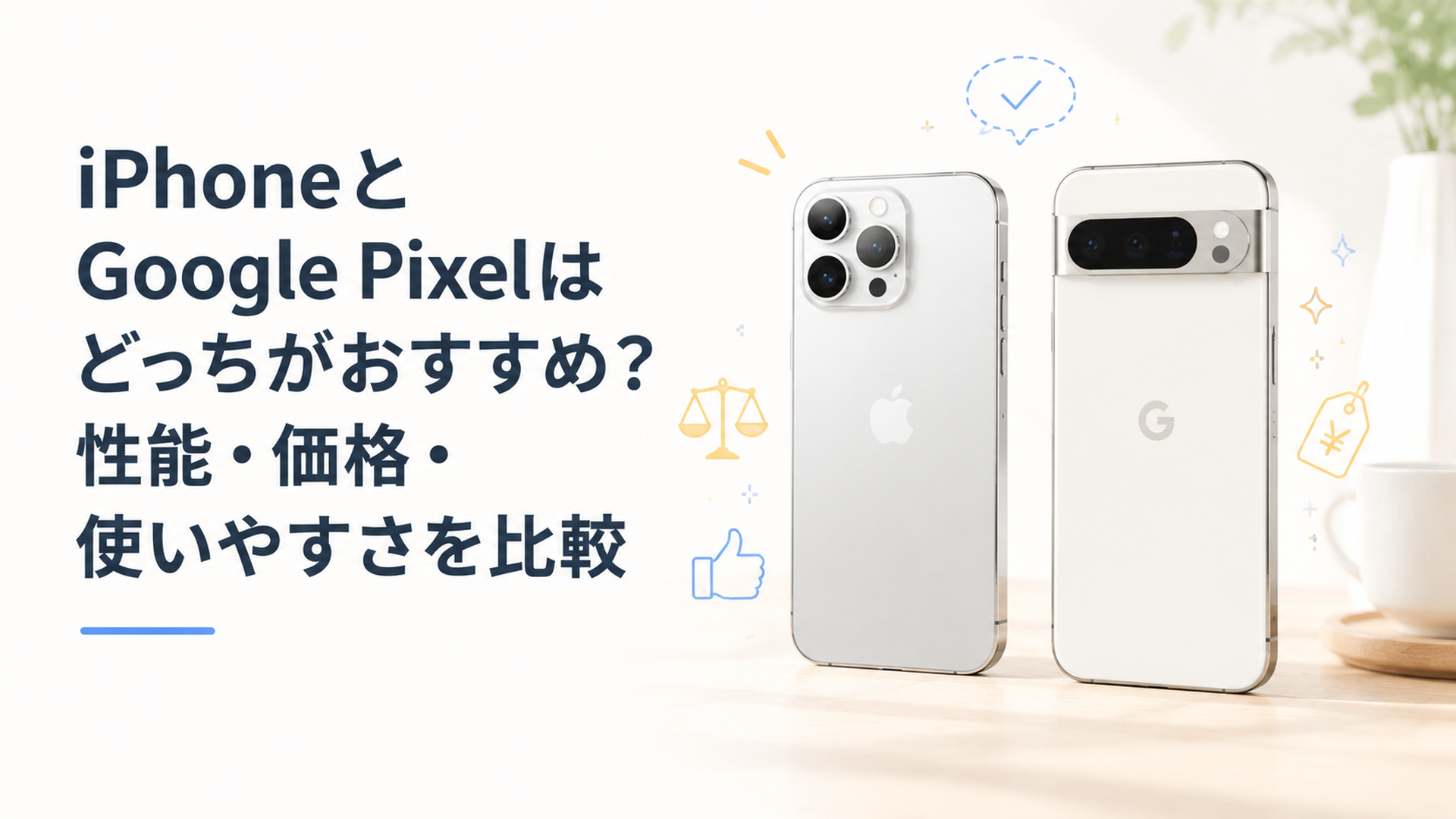 iPhoneとGoogle Pixelの2台のスマートフォンを並べて比較しているシンプルで明るいイメージ