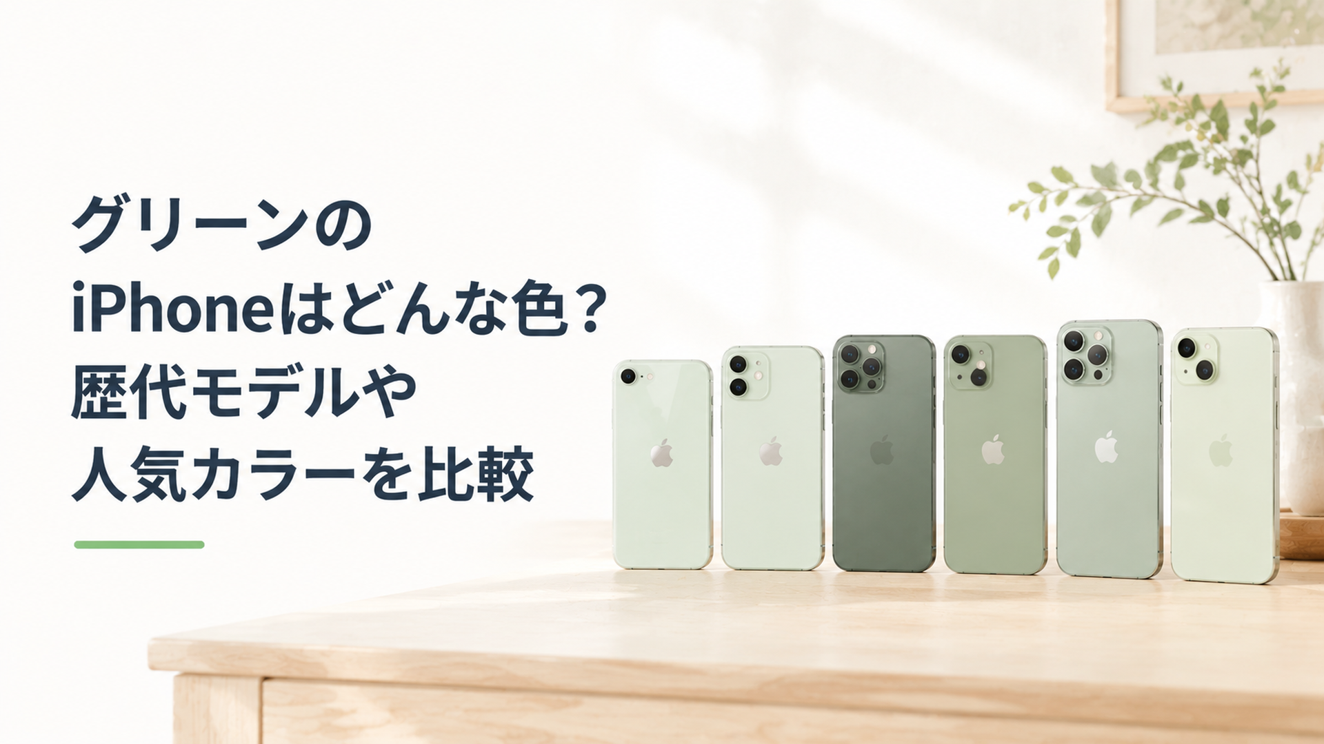 歴代グリーンのiPhoneが並び、それぞれ色味の違いが分かるシンプルなイメージ