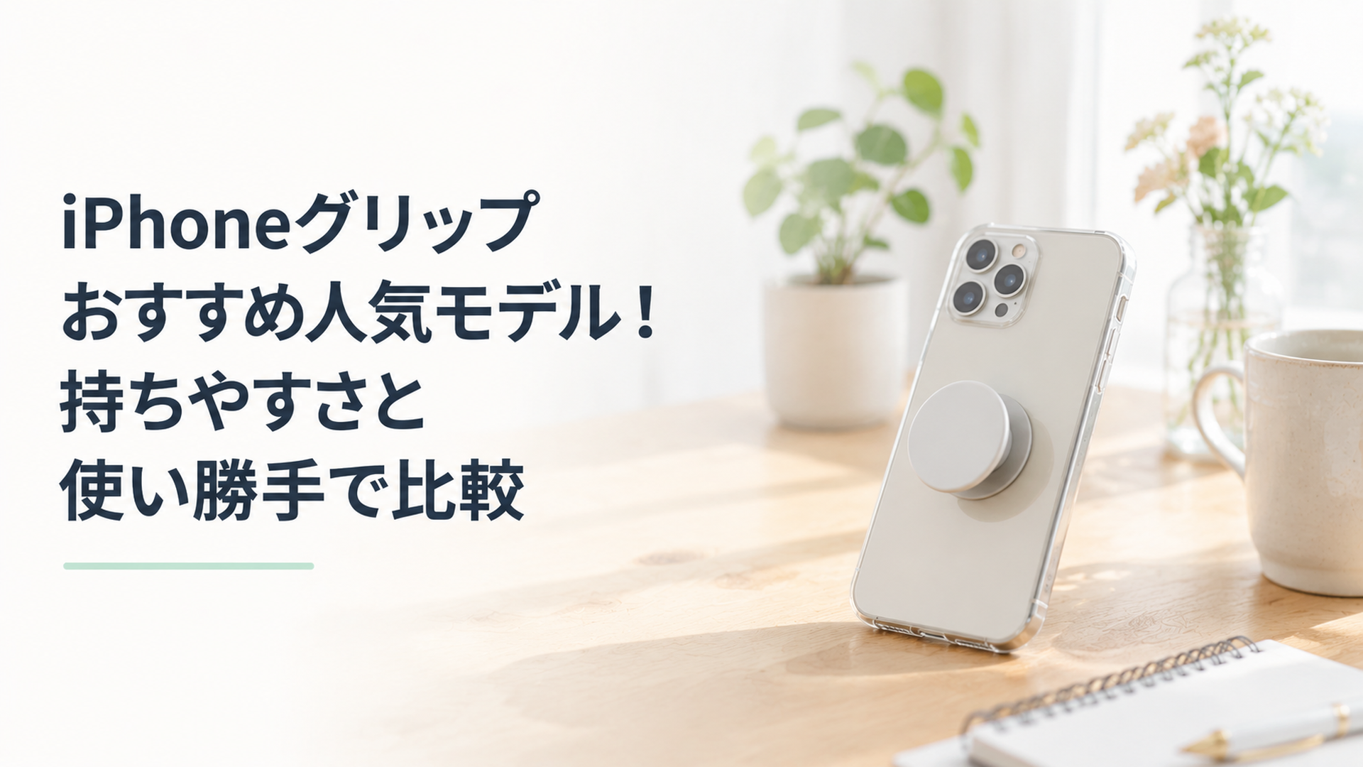 iPhoneにスマホグリップを装着して片手で快適に操作している様子