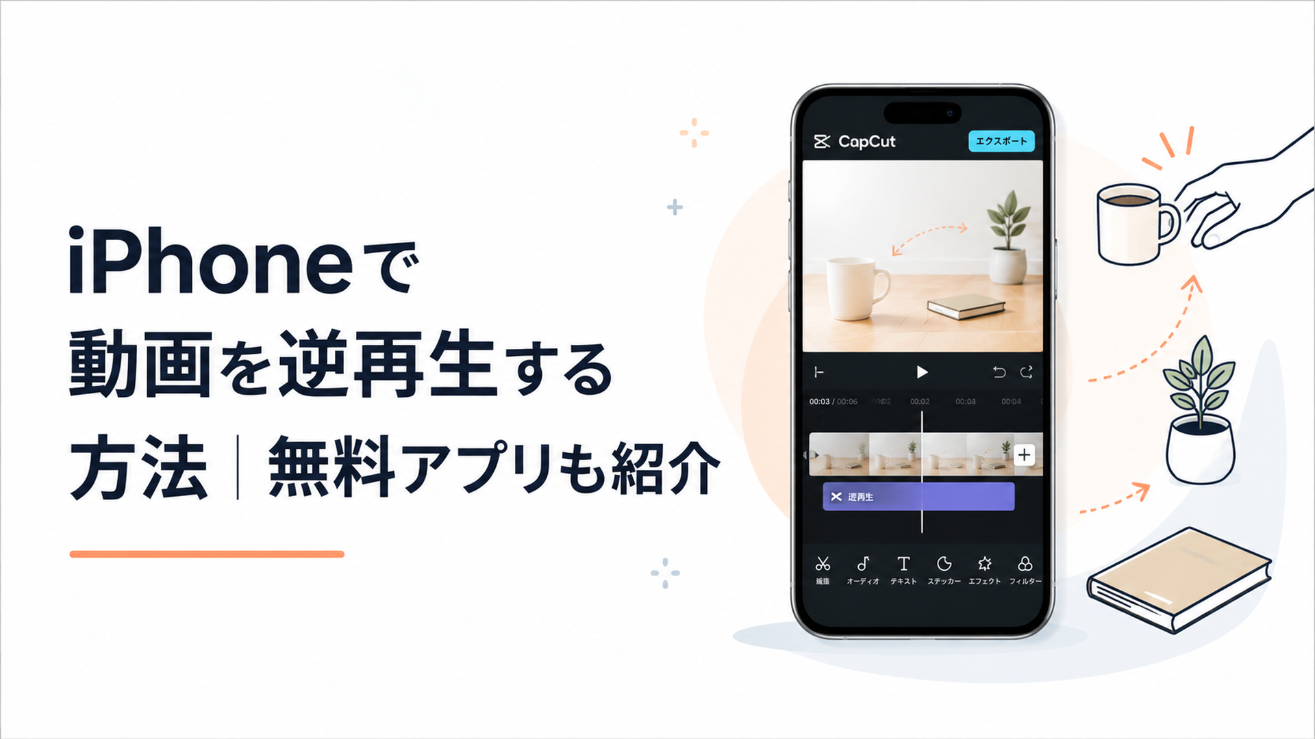iPhoneのCapCut編集画面と床から小物が手元へ戻る逆再生映像を表現した明るいイメージ