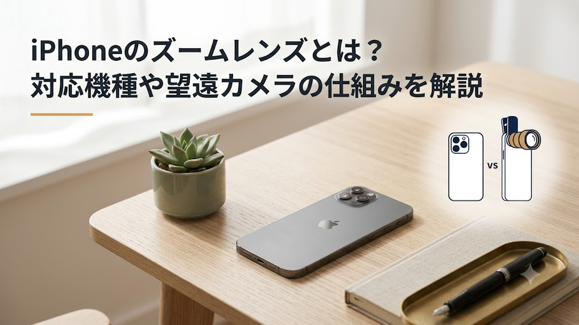 iPhoneの複数カメラとクリップ式の外付け望遠レンズを並べてズーム撮影の違いを表したシーン
