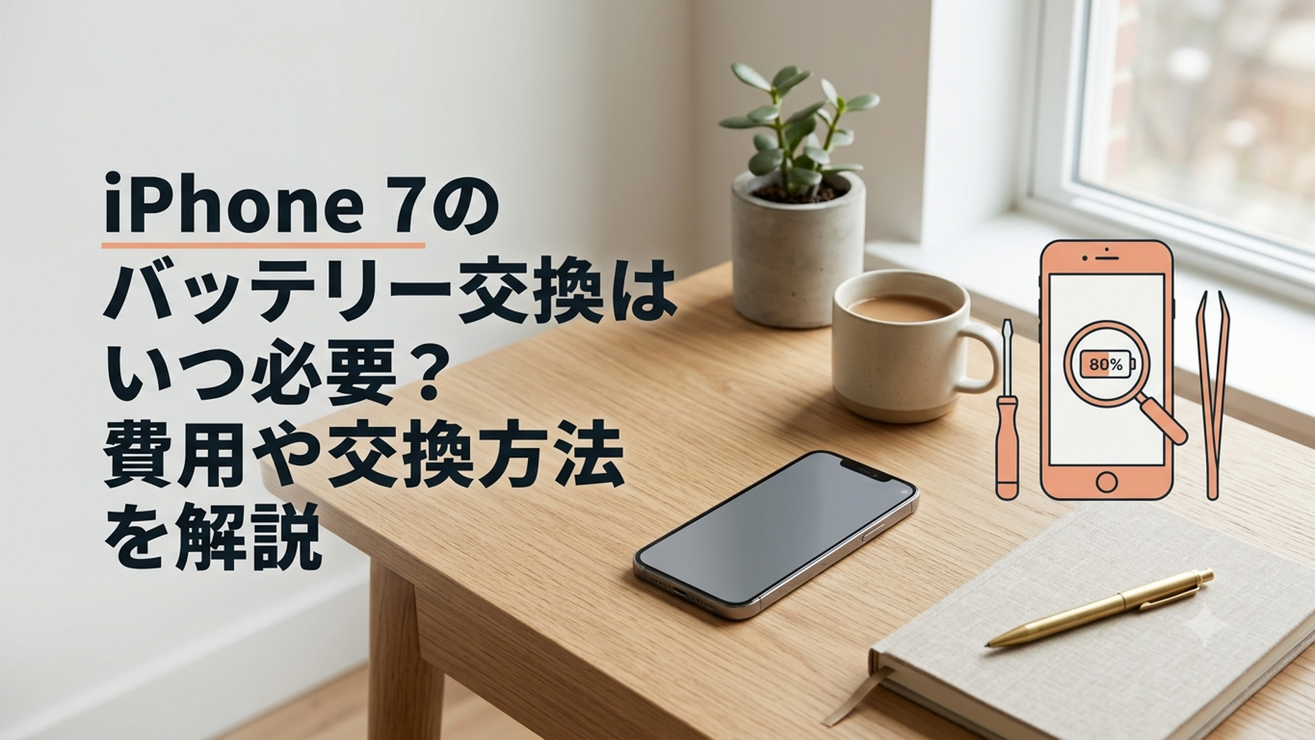 バッテリーの状態を確認しているiPhone 7と修理工具