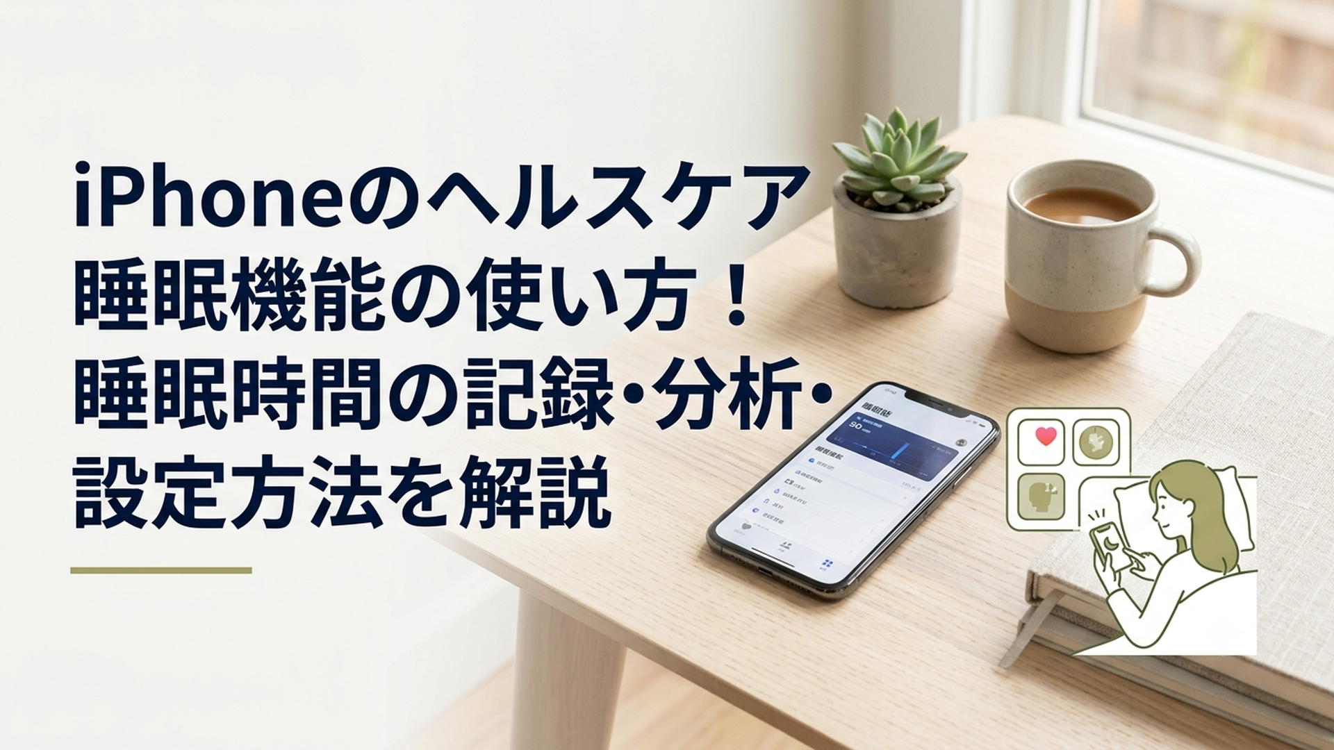 ベッドサイドに置かれたiPhoneのヘルスケアアプリで睡眠データを確認している様子