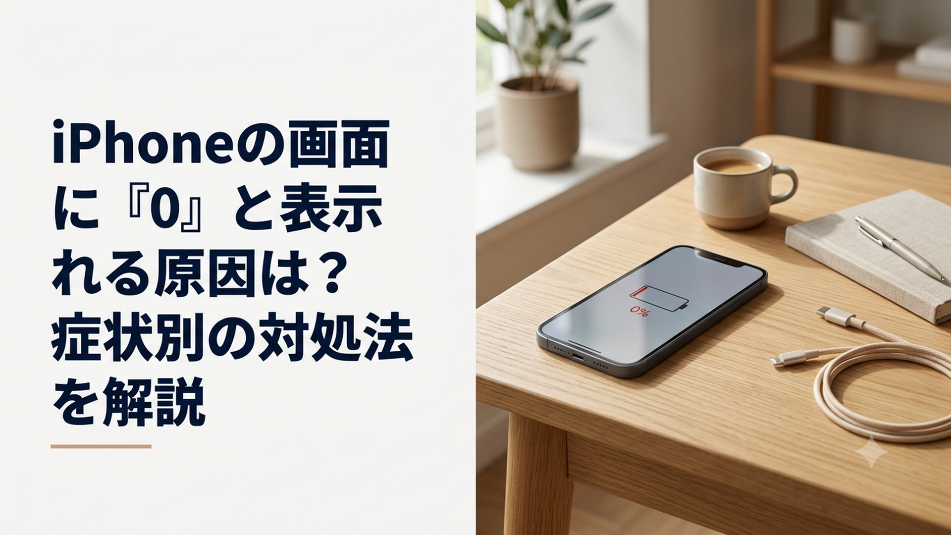 画面に0％のバッテリー表示が出たiPhoneと充電ケーブル