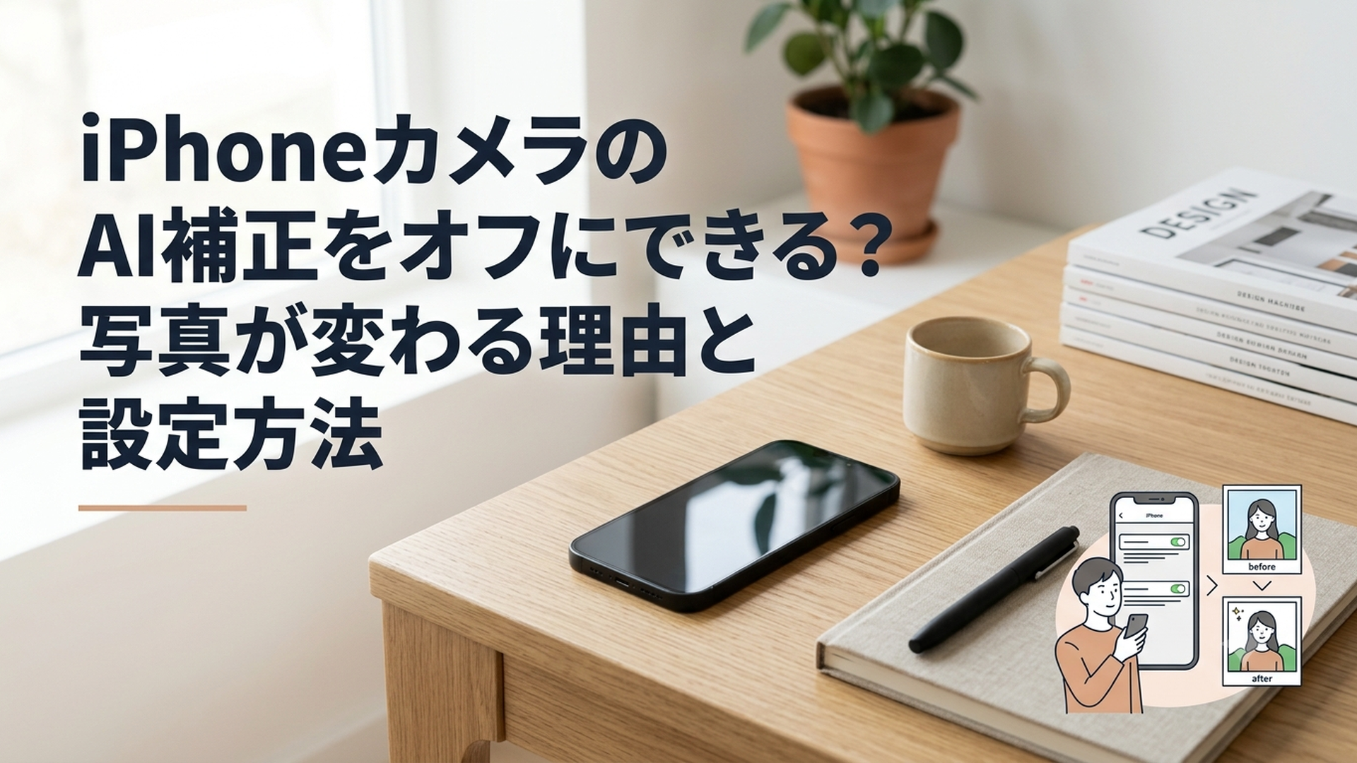 iPhoneのカメラ設定画面と補正前後の写真を見比べている様子