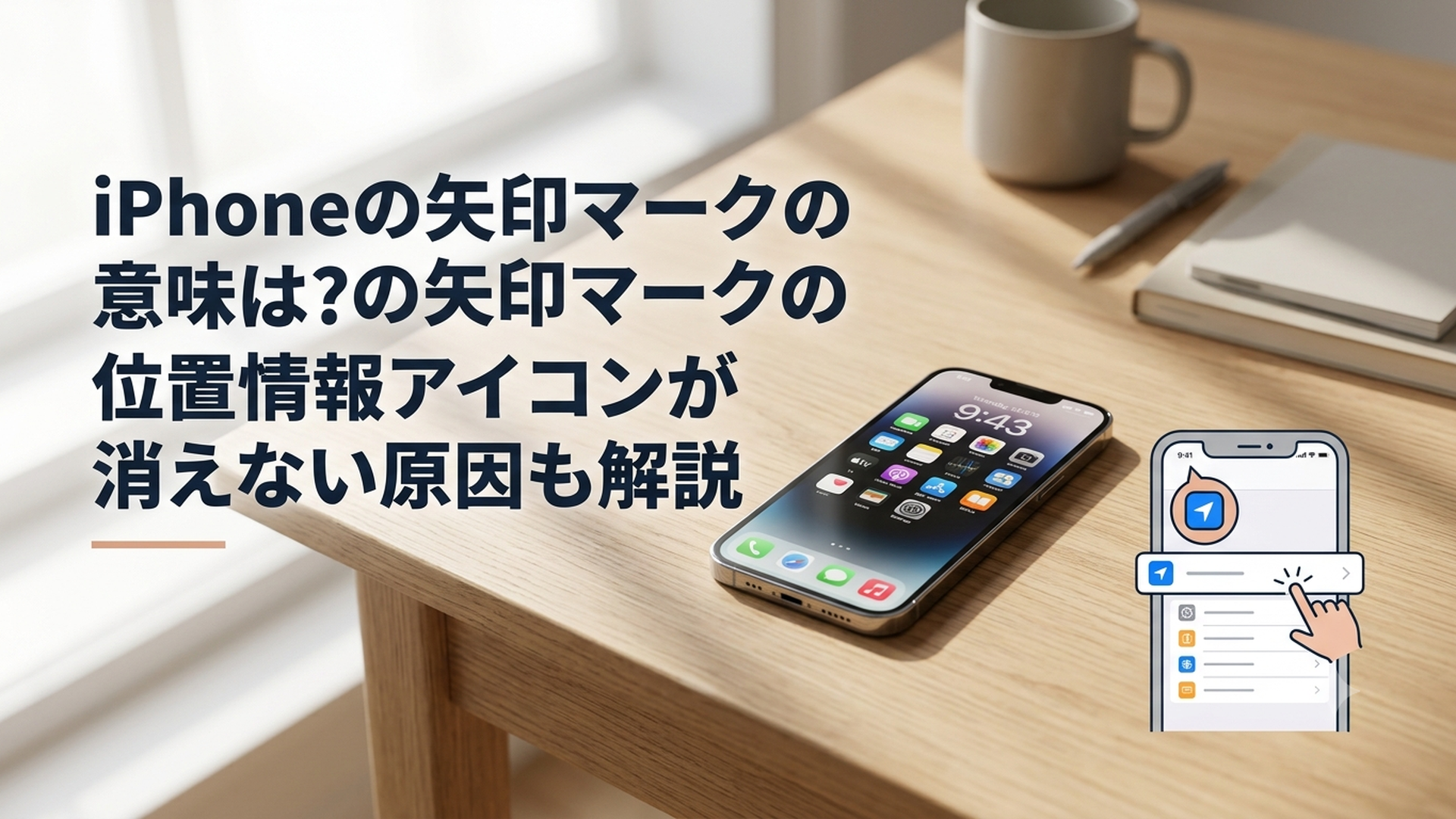 iPhoneの画面上部に表示された位置情報の矢印マークと位置情報サービス設定を確認する場面