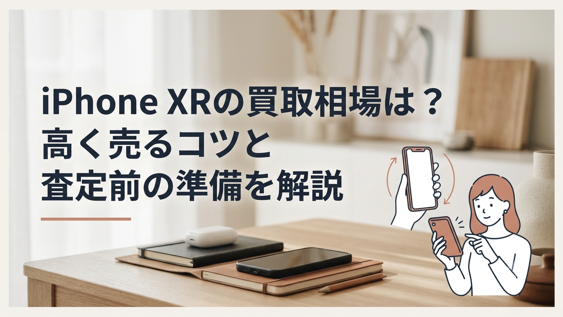 iPhone XRの画面と外装を確認しながら買取価格を比較する女性