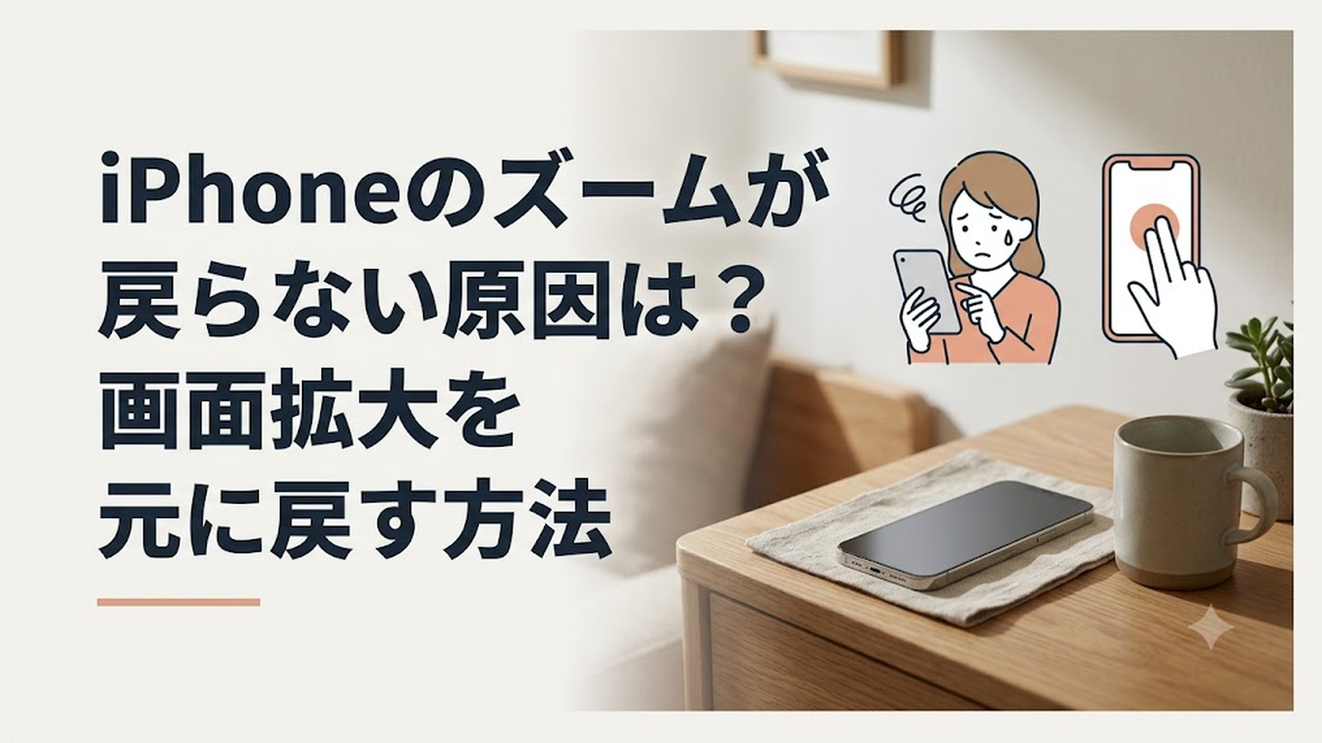 iPhoneの画面が大きく拡大されて困っている女性と3本指で画面をタップする操作イメージ