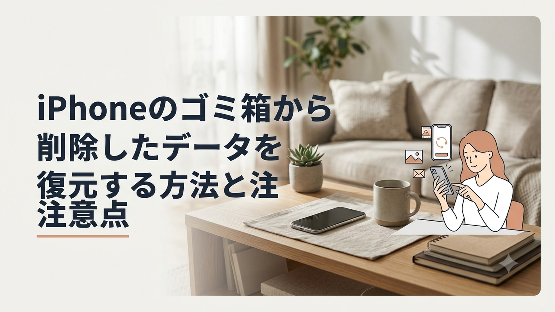 iPhoneで削除した写真やメールの復元方法を確認する女性