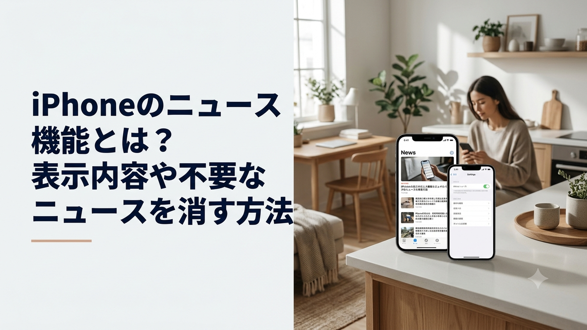 iPhoneに表示されたニュースと設定画面を見ながら整理する女性