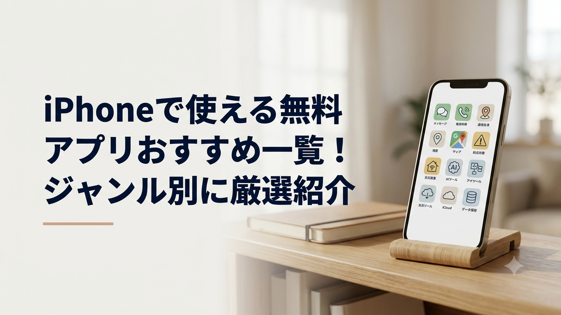 iPhoneに連絡や地図や防災やAIや保存の無料アプリが並ぶ様子