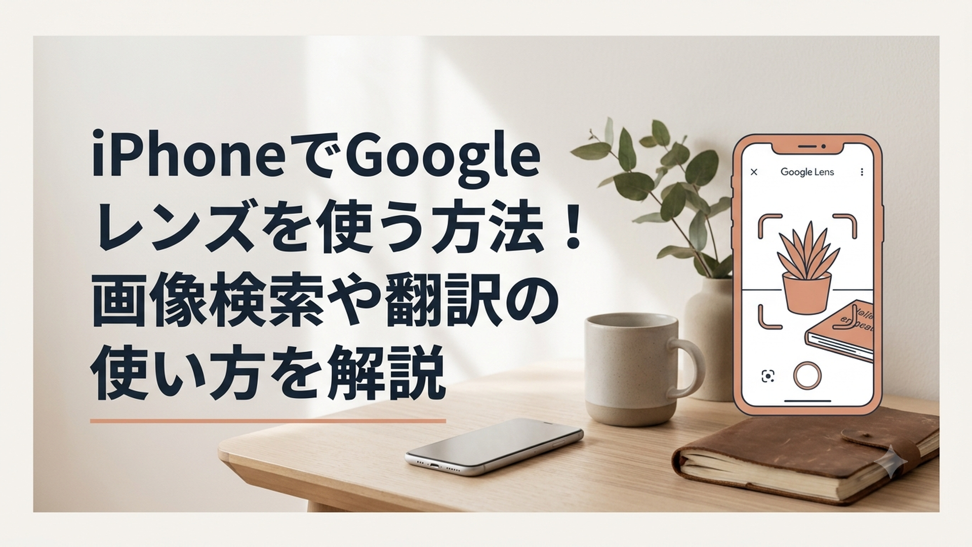 iPhoneのGoogleアプリでGoogleレンズを起動し、植物や外国語を検索している様子
