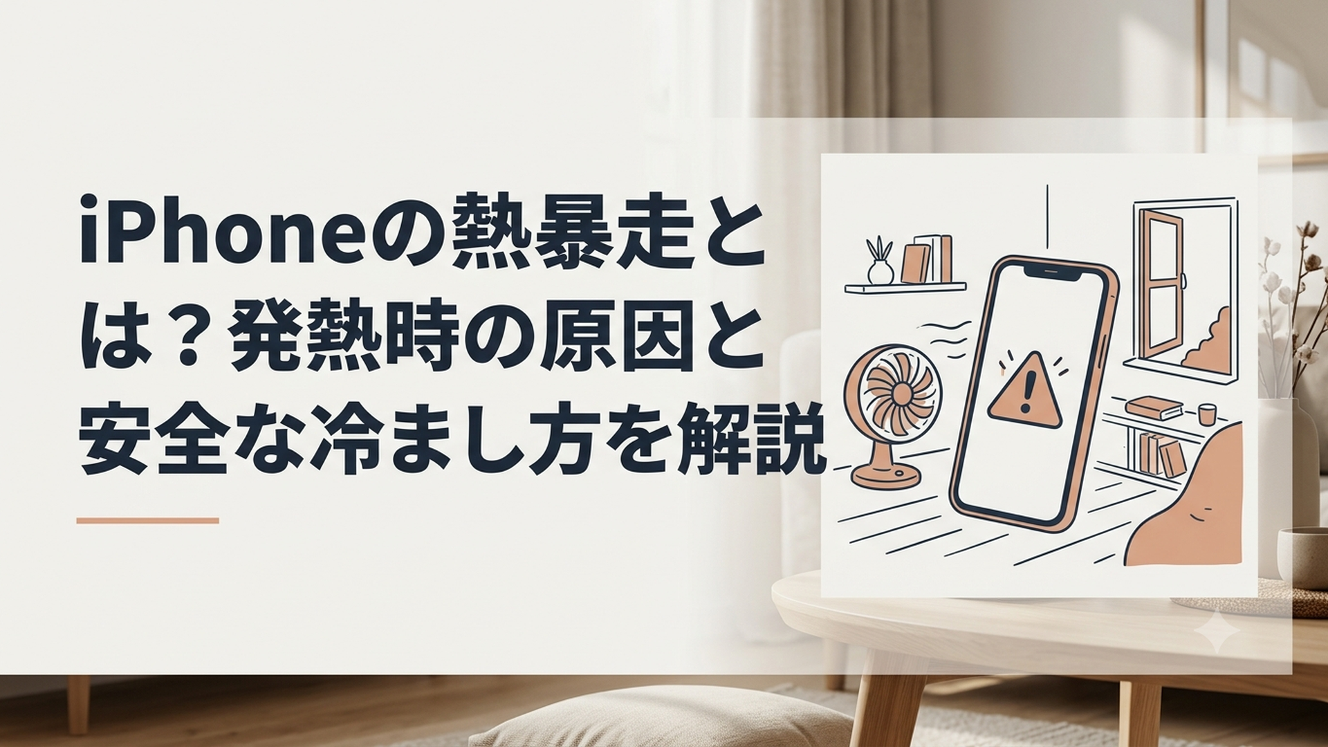 高温警告が表示されたiPhoneを涼しい室内で安全に冷ましている様子