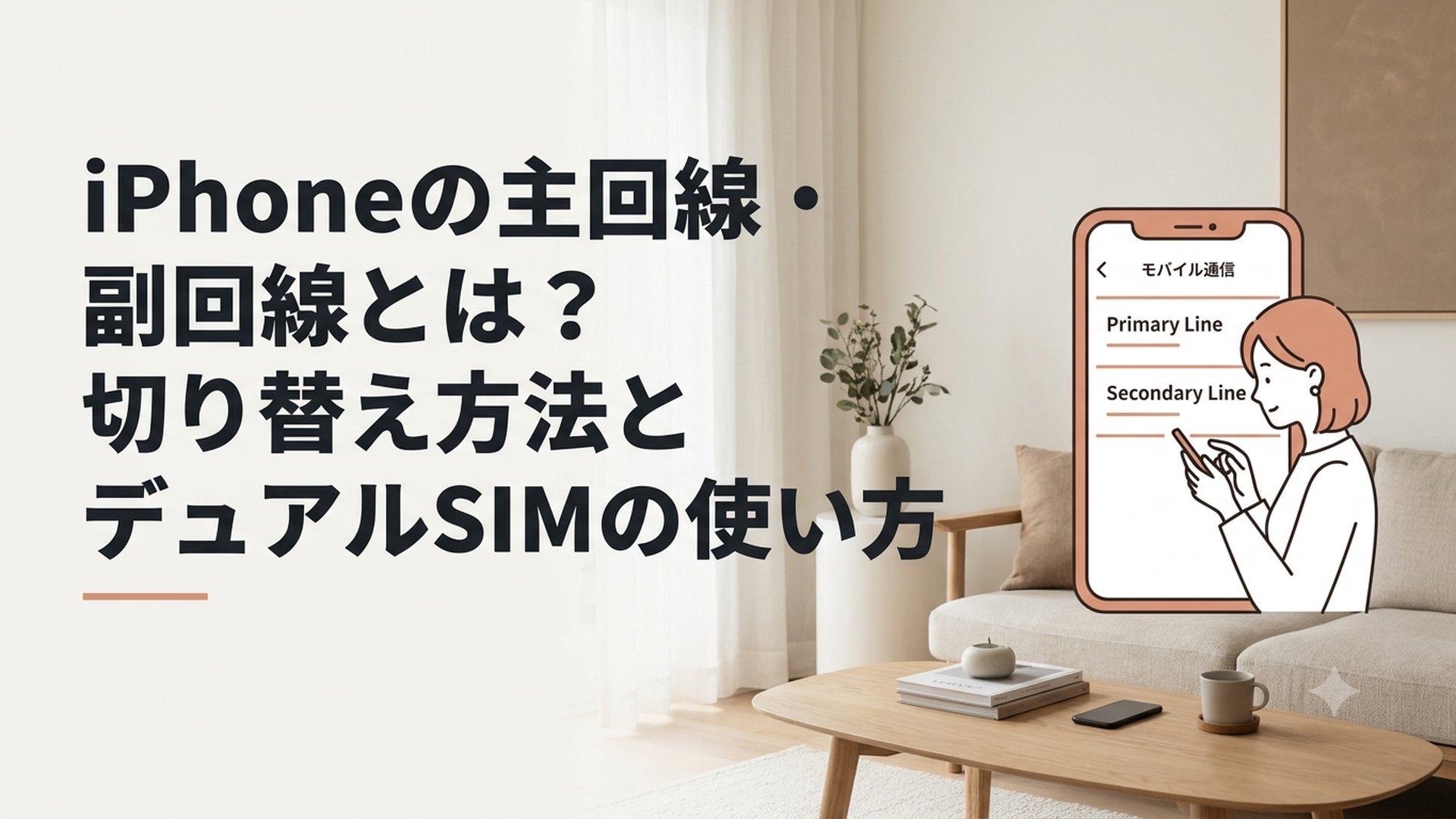 主回線と副回線が表示されたiPhoneのモバイル通信設定を確認する女性