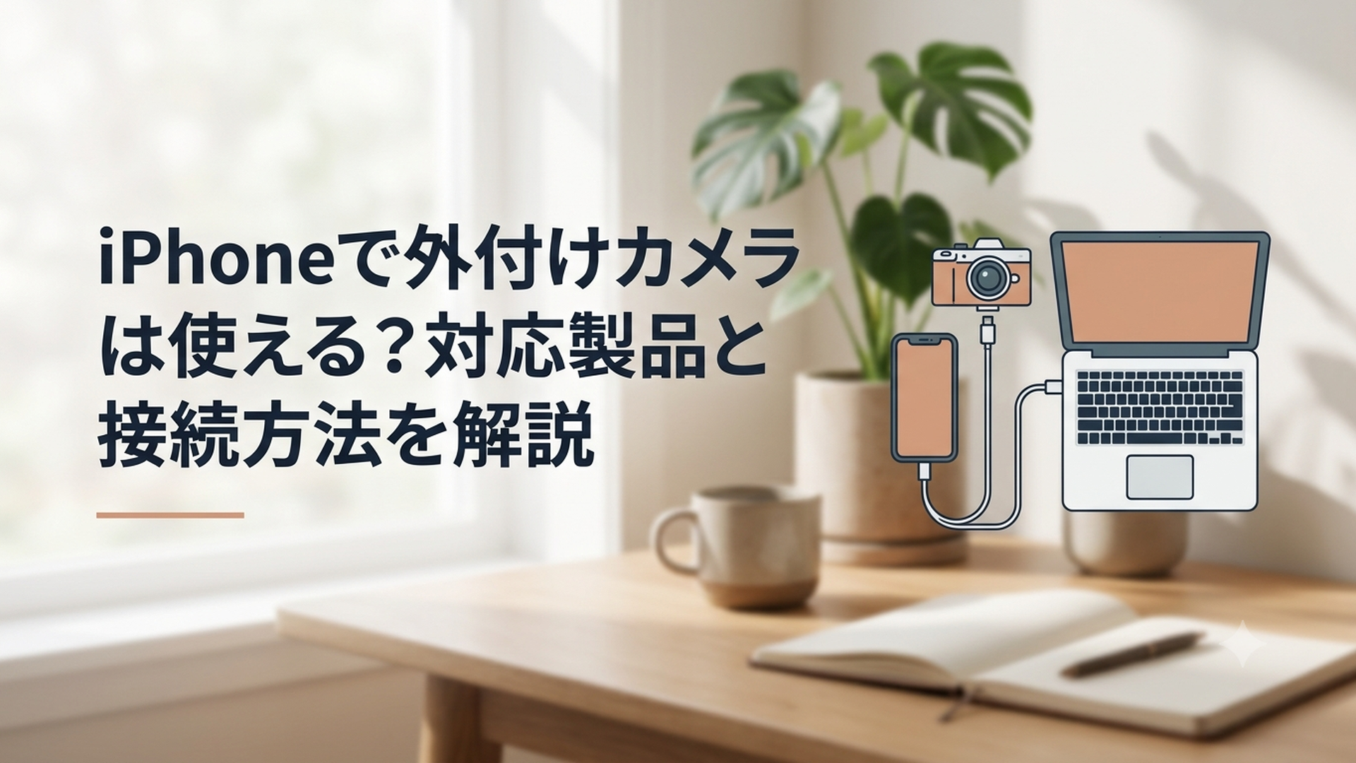 iPhoneと外付けカメラやMacをケーブルで接続して撮影環境を整えている様子