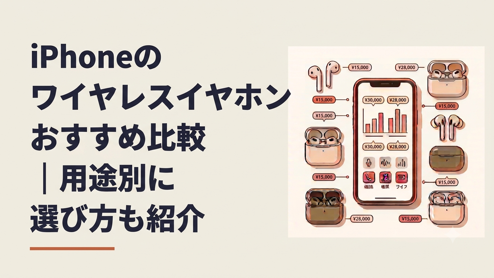 iPhoneと8種類のワイヤレスイヤホンを価格や機能ごとに比較している様子