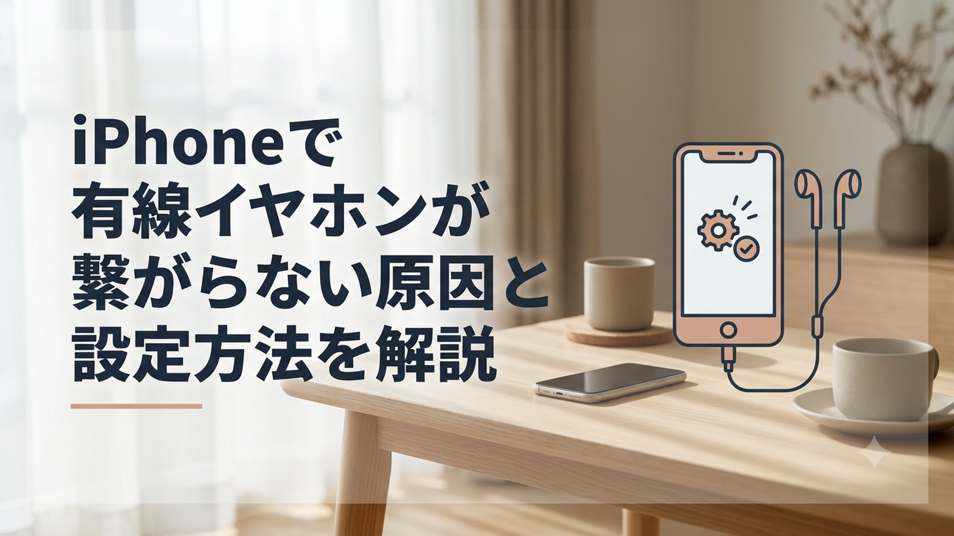 iPhoneに有線イヤホンを接続して設定を確認する様子