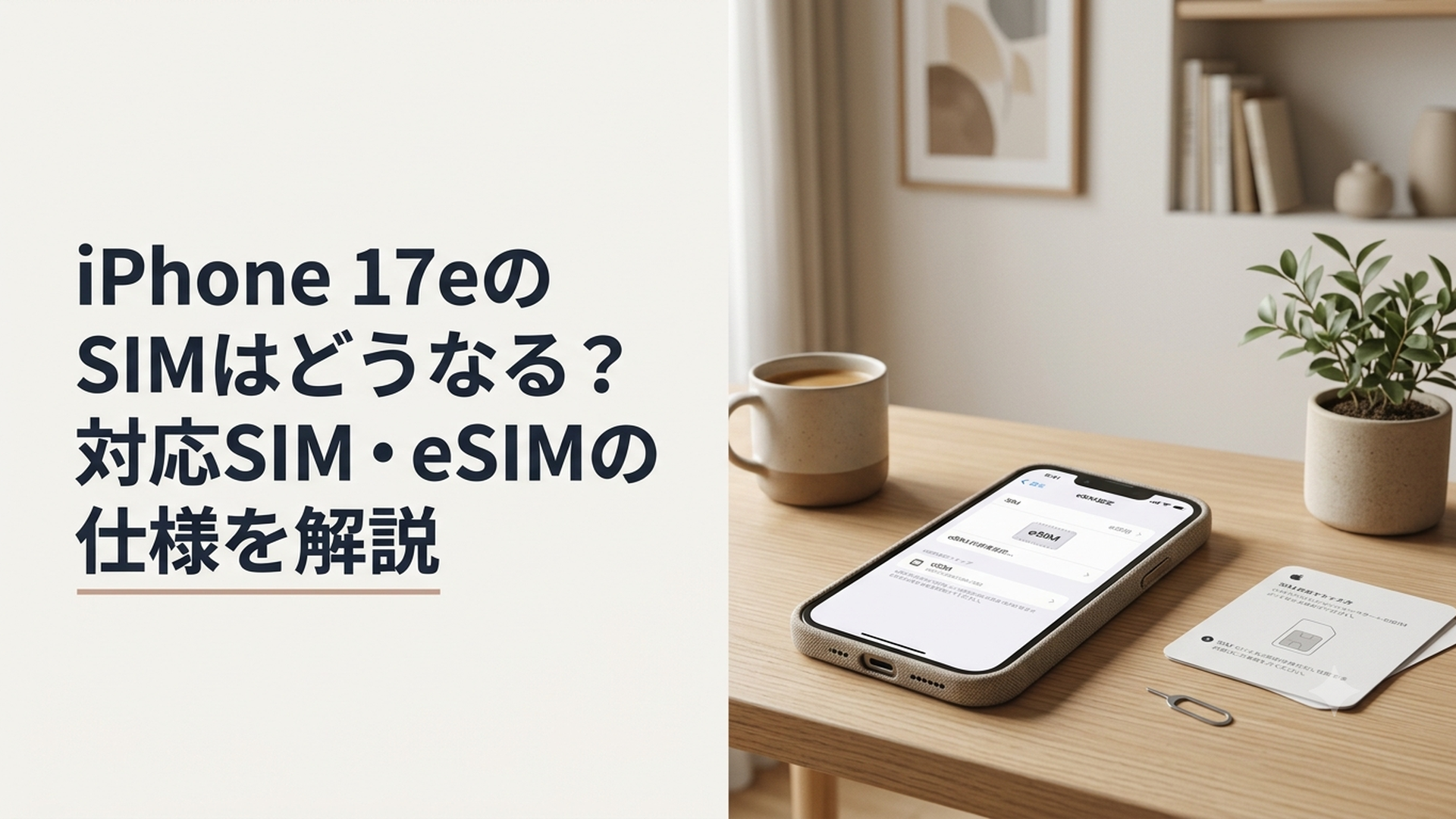 iPhone 17eとeSIMの設定画面を見ながらSIMの仕様を確認する様子