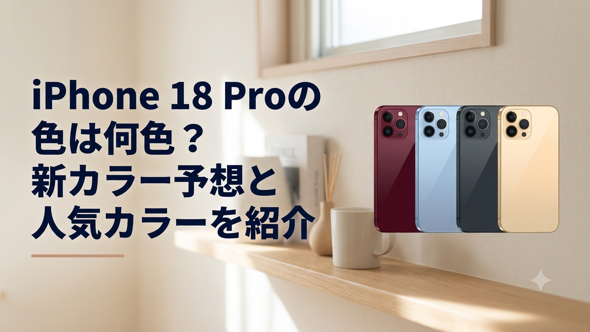 ダークチェリーやライトブルーなどiPhone 18 Proの予想カラー4色が並ぶイメージ