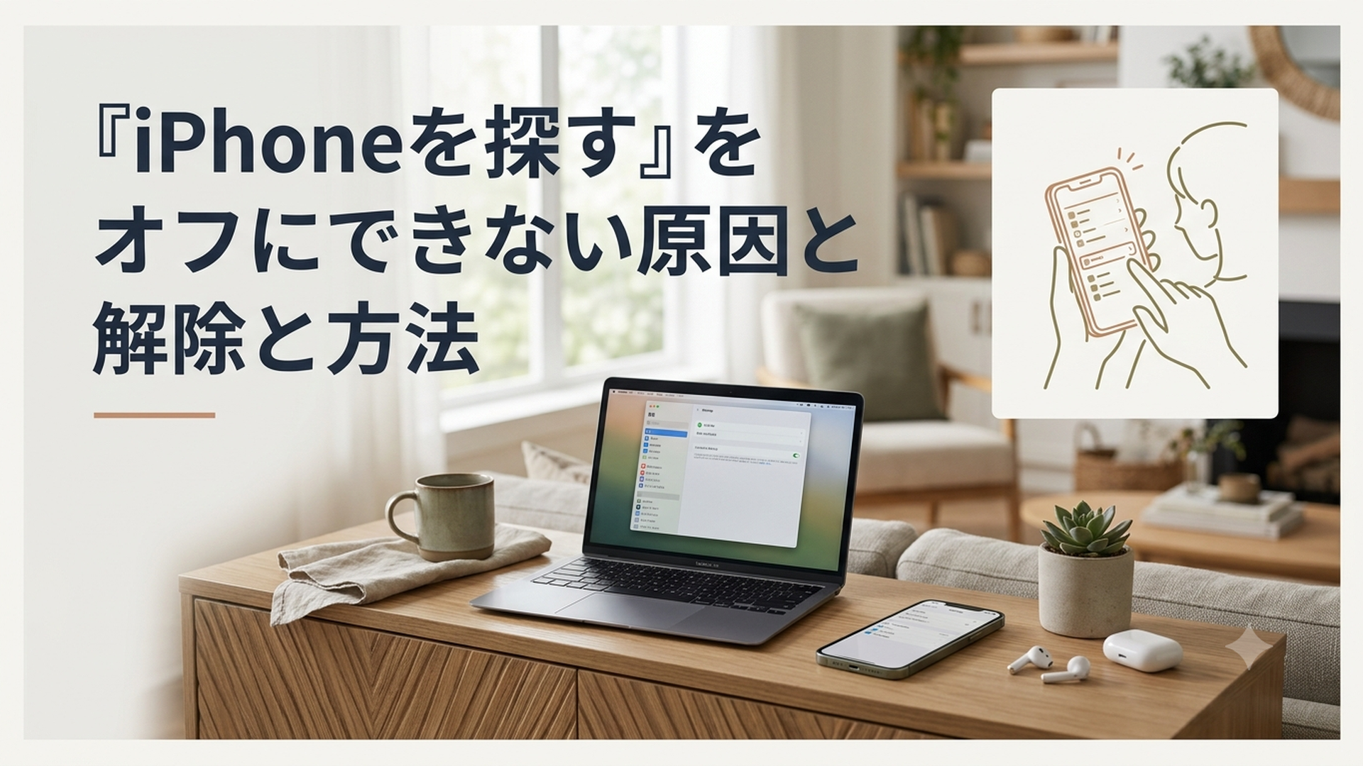 iPhoneを手に持ち「iPhoneを探す」の設定画面を確認している様子