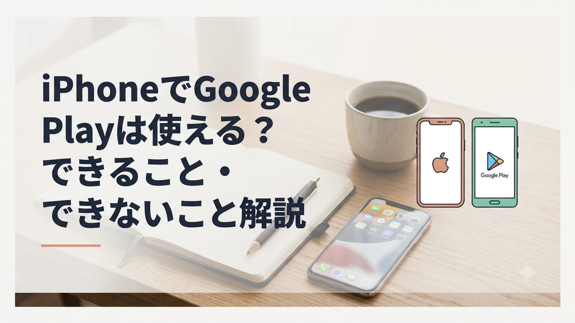 iPhoneとAndroidスマートフォンを並べてGoogle PlayとApp Storeの違いを確認する場面