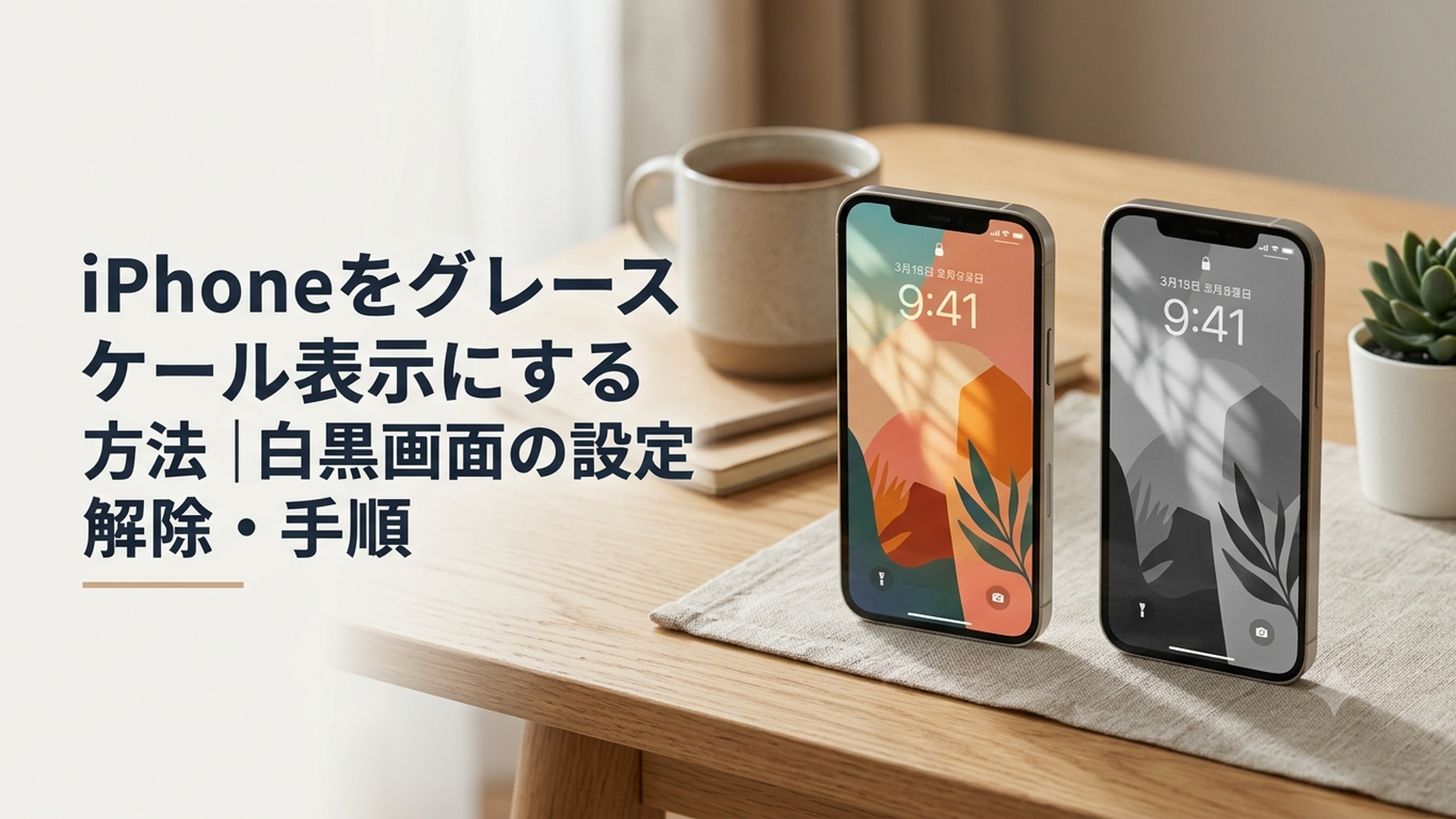 カラー表示とグレースケール表示のiPhoneを左右に並べた比較イメージ