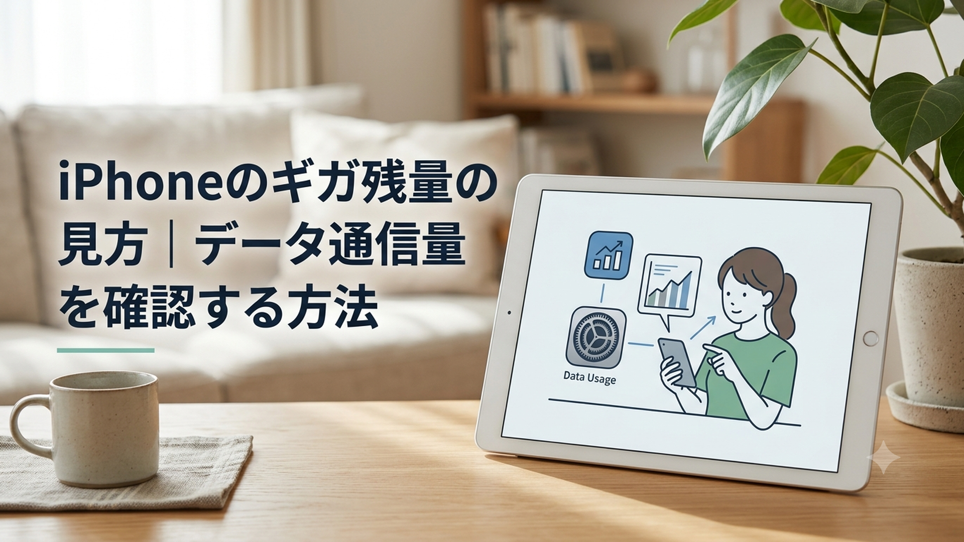 通信会社のアプリとiPhoneの設定画面でギガ残量を確認する女性