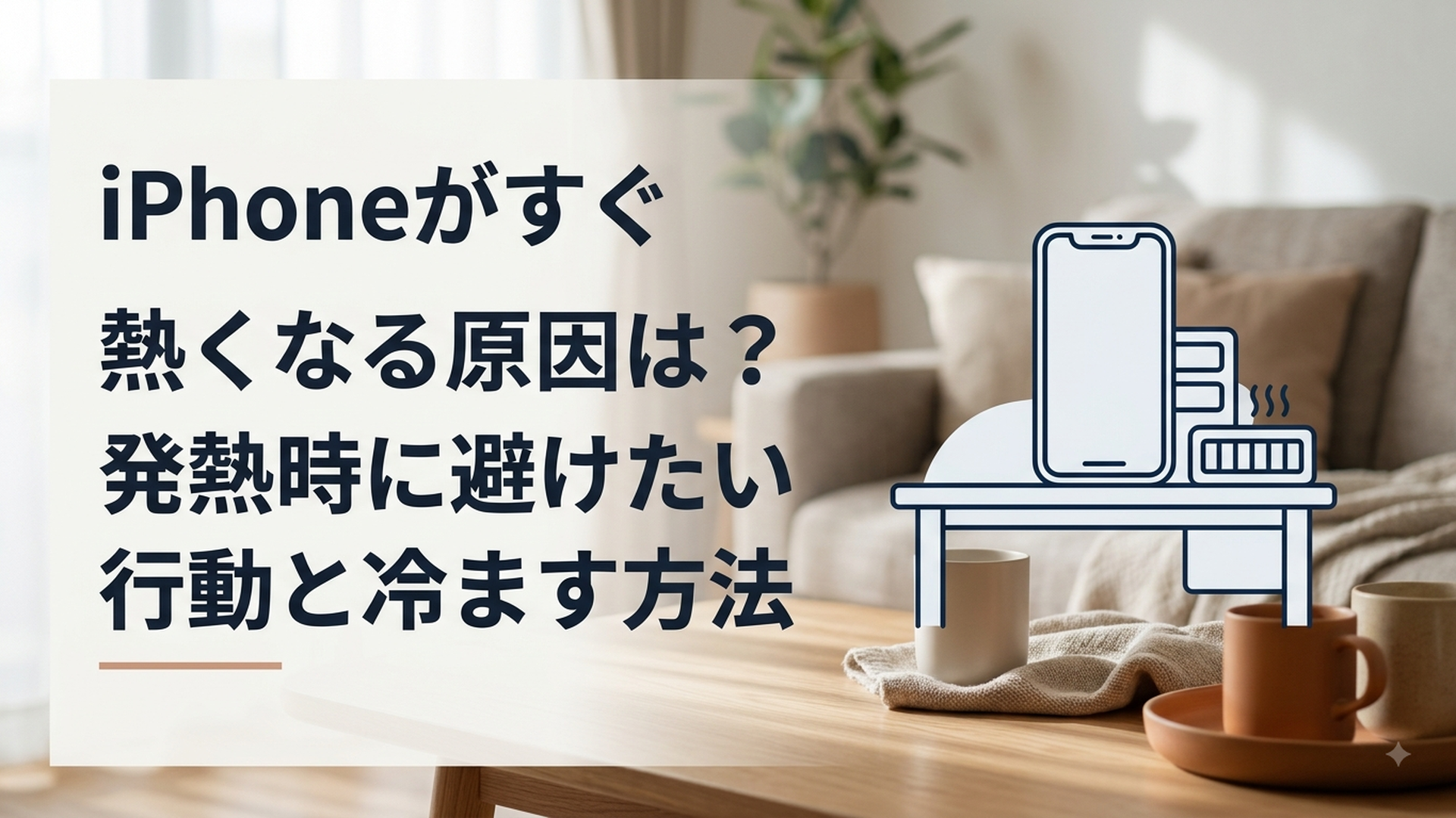 熱くなったiPhoneを机に置き原因と冷まし方を確認する場面