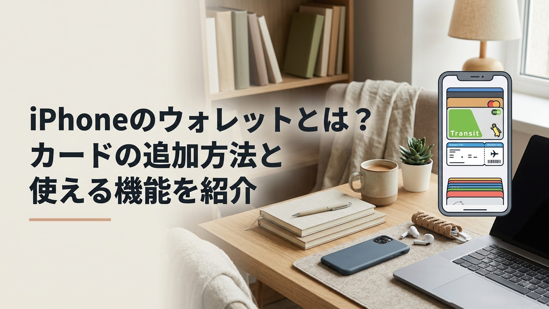 iPhoneのウォレットにクレジットカードや交通系ICカード、搭乗券が並んでいる様子