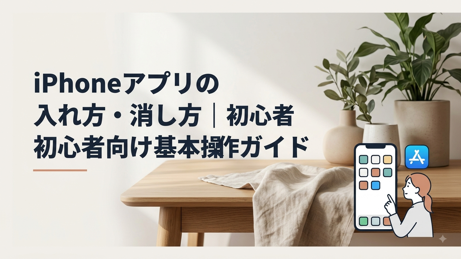 iPhoneの画面に並ぶアプリアイコンとApp Storeを見ながら基本操作を学ぶ初心者