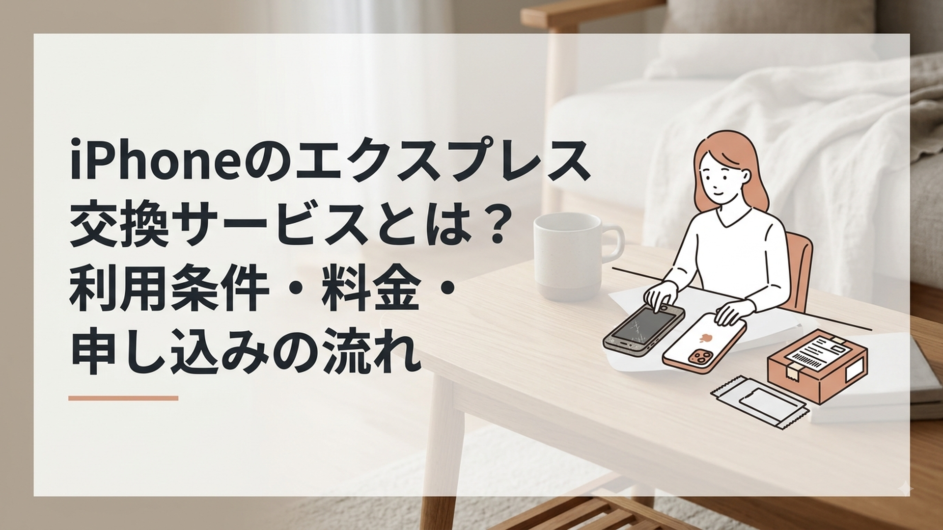 交換用iPhoneと故障したiPhoneを並べてデータ移行と返送準備をする女性
