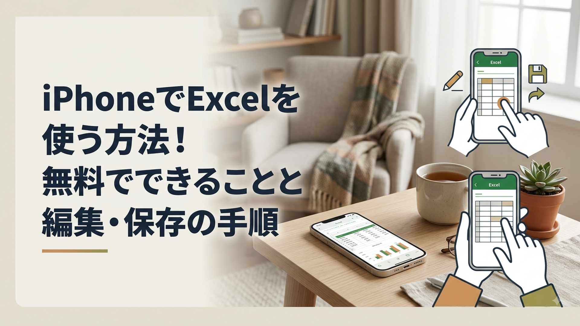 iPhoneのExcelアプリで表を確認しながら編集する様子