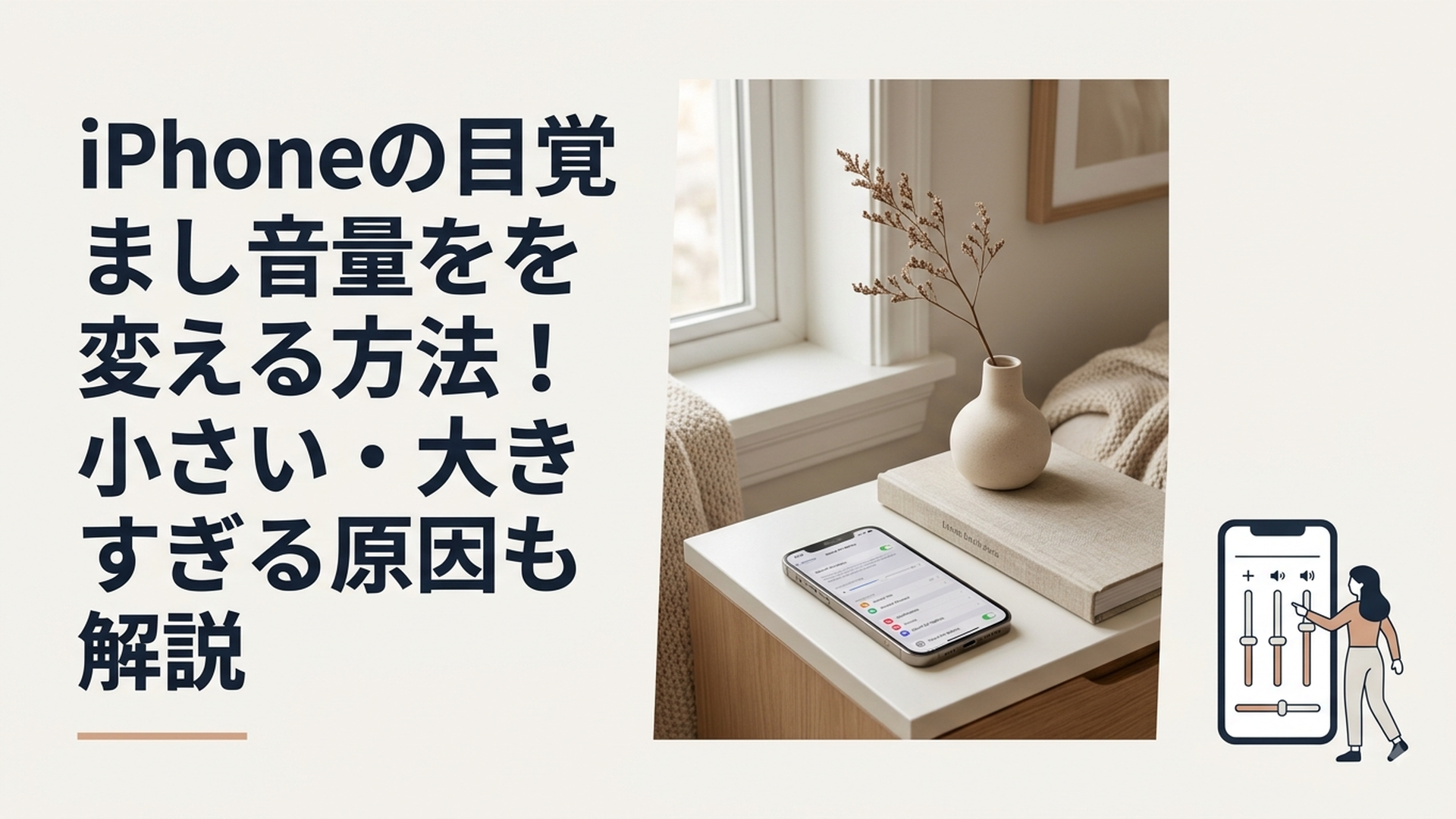 iPhoneの設定画面で目覚まし音量を調整する女性
