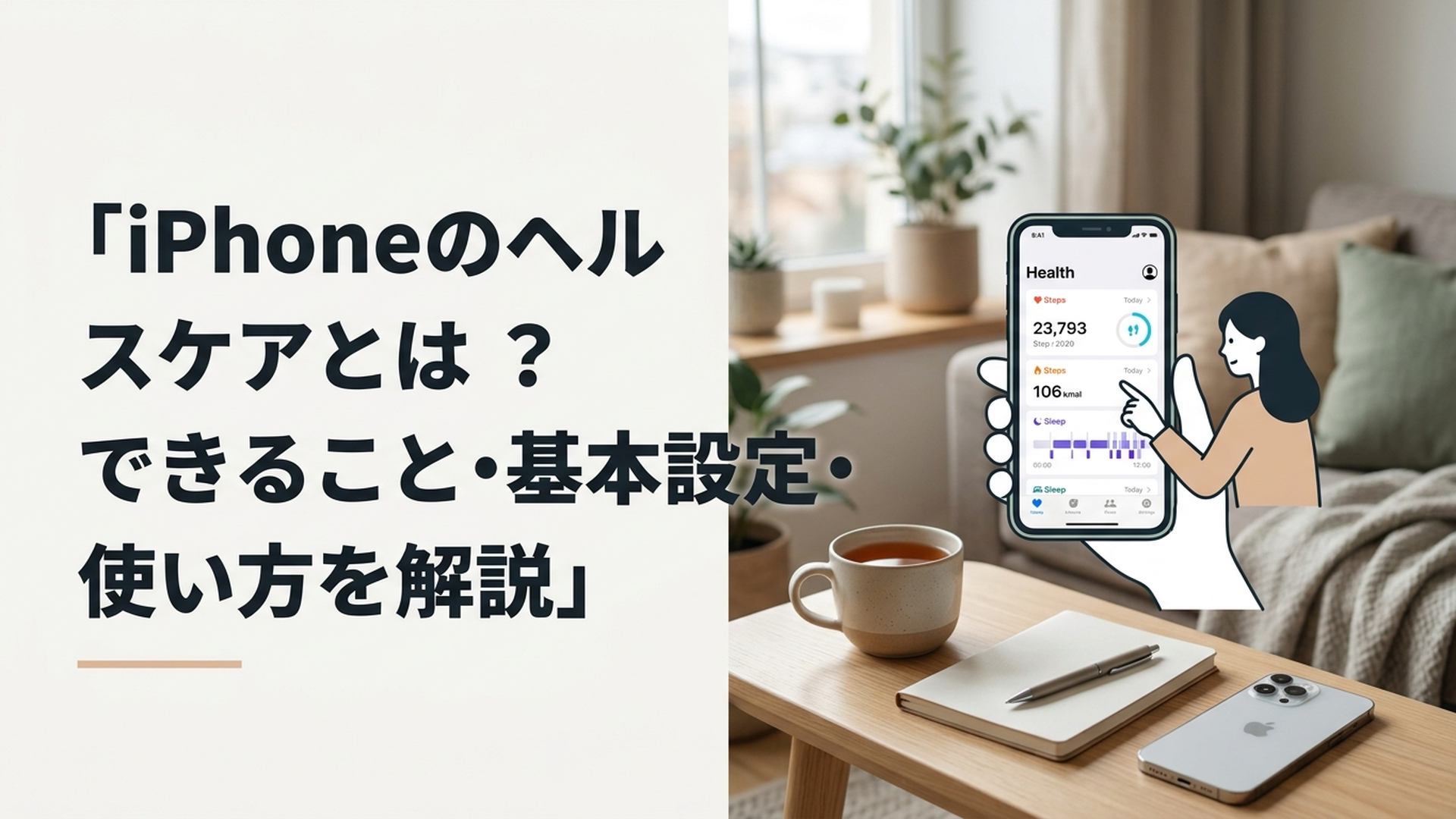 iPhoneのヘルスケアアプリで歩数や睡眠などの健康情報を確認する様子