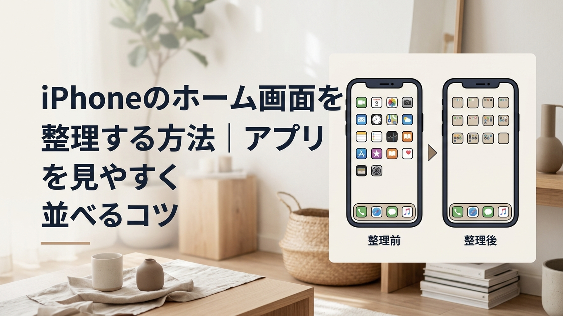 整理前と整理後のiPhoneホーム画面を比較している様子