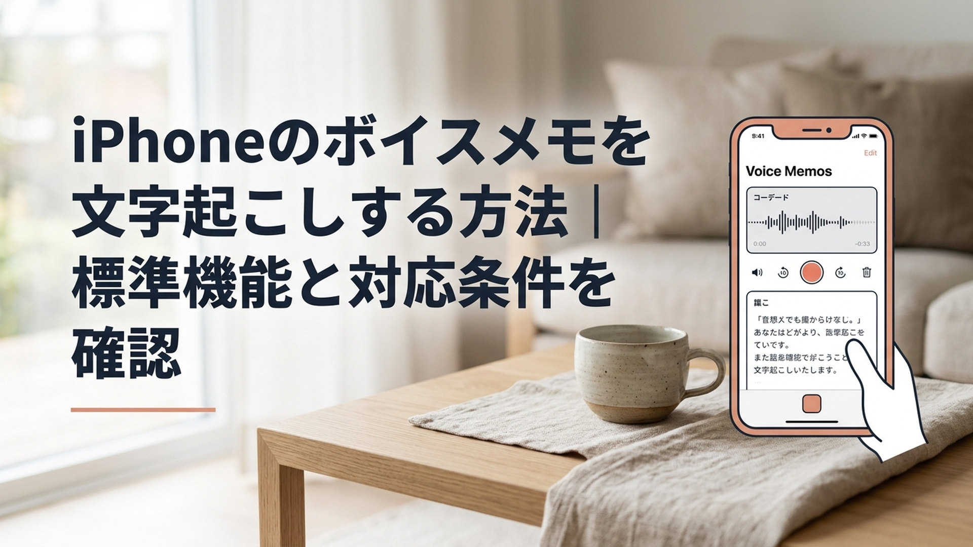 iPhoneのボイスメモで録音音声と日本語の文字起こしを確認している画面