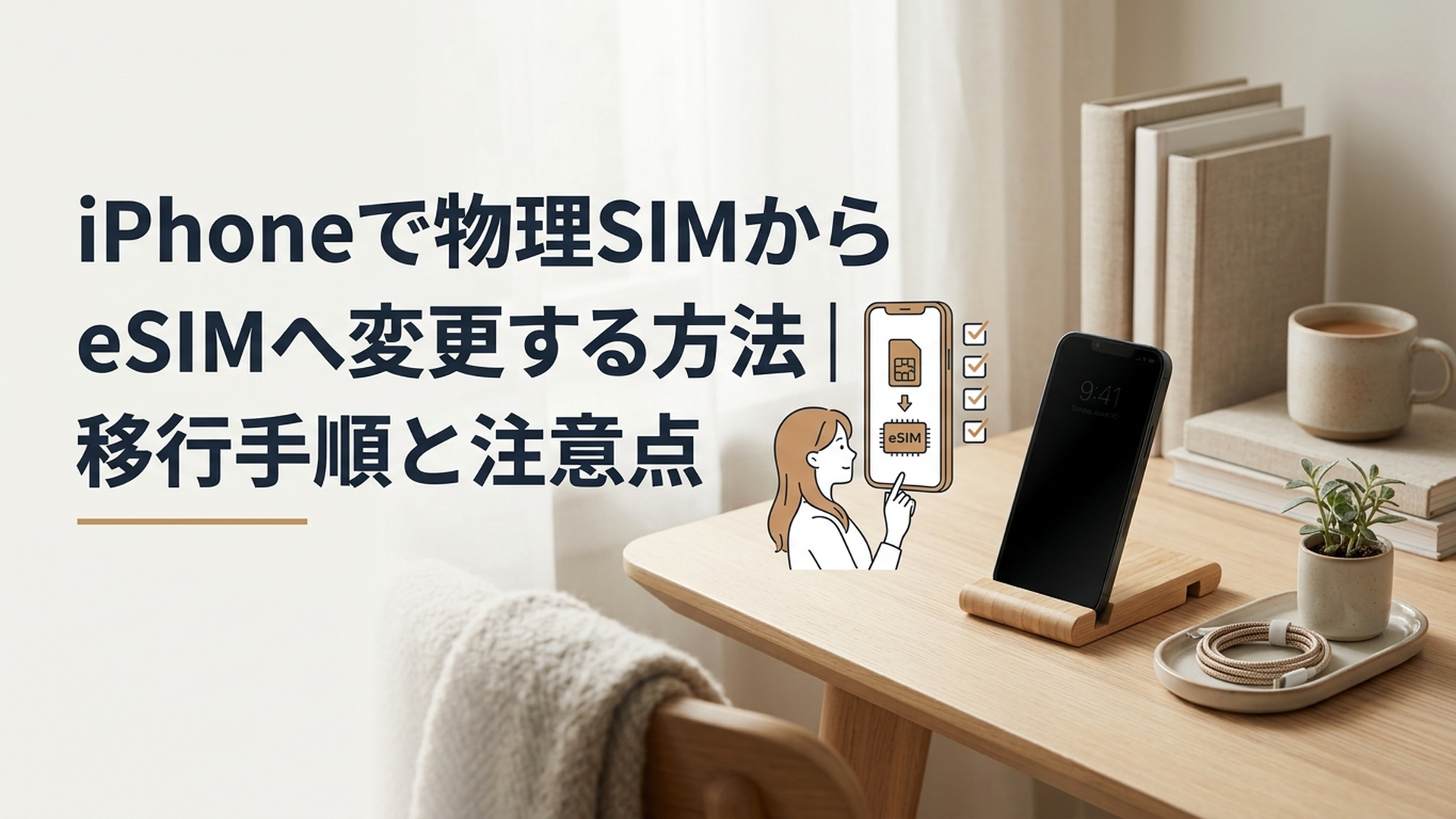 iPhoneの物理SIMからeSIMへ変更する4つの手順を確認する女性