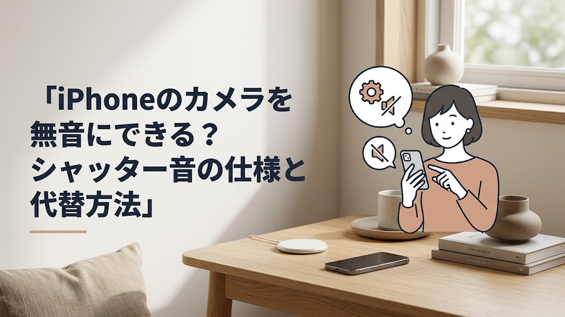 iPhoneのカメラ画面と消音マークを見ながらシャッター音の仕組みを確認する女性