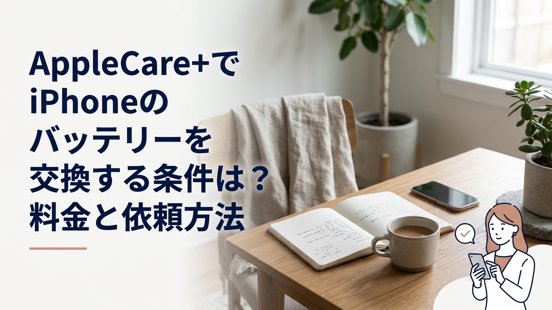 AppleCare+でiPhoneのバッテリー交換条件と依頼方法を確認する女性