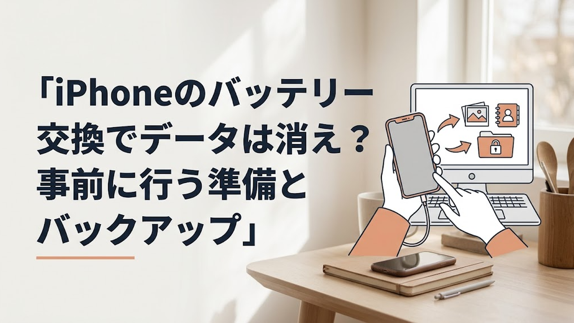 iPhoneのバッテリー交換前に写真や連絡先をバックアップしている場面