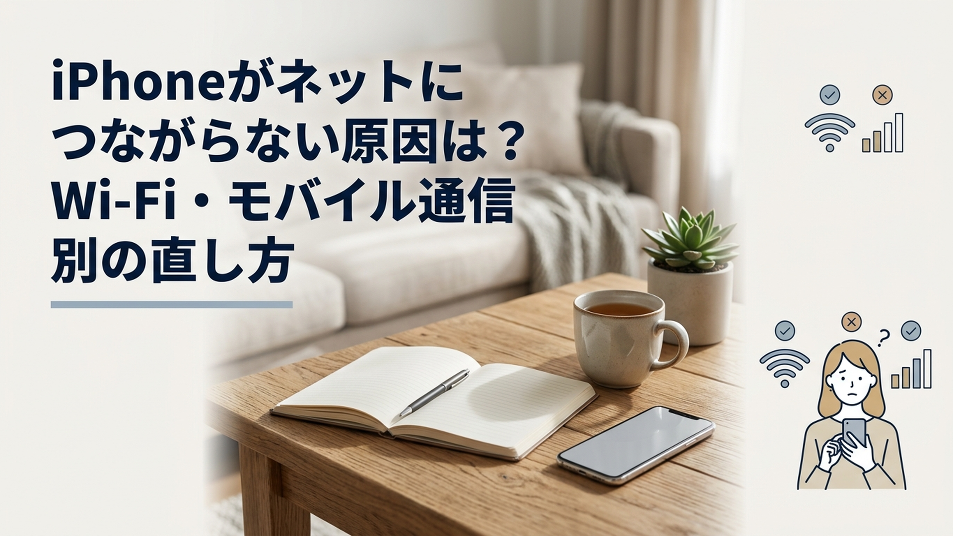 iPhoneがネットにつながらず困っている女性とWi-Fi・モバイル通信の確認画面