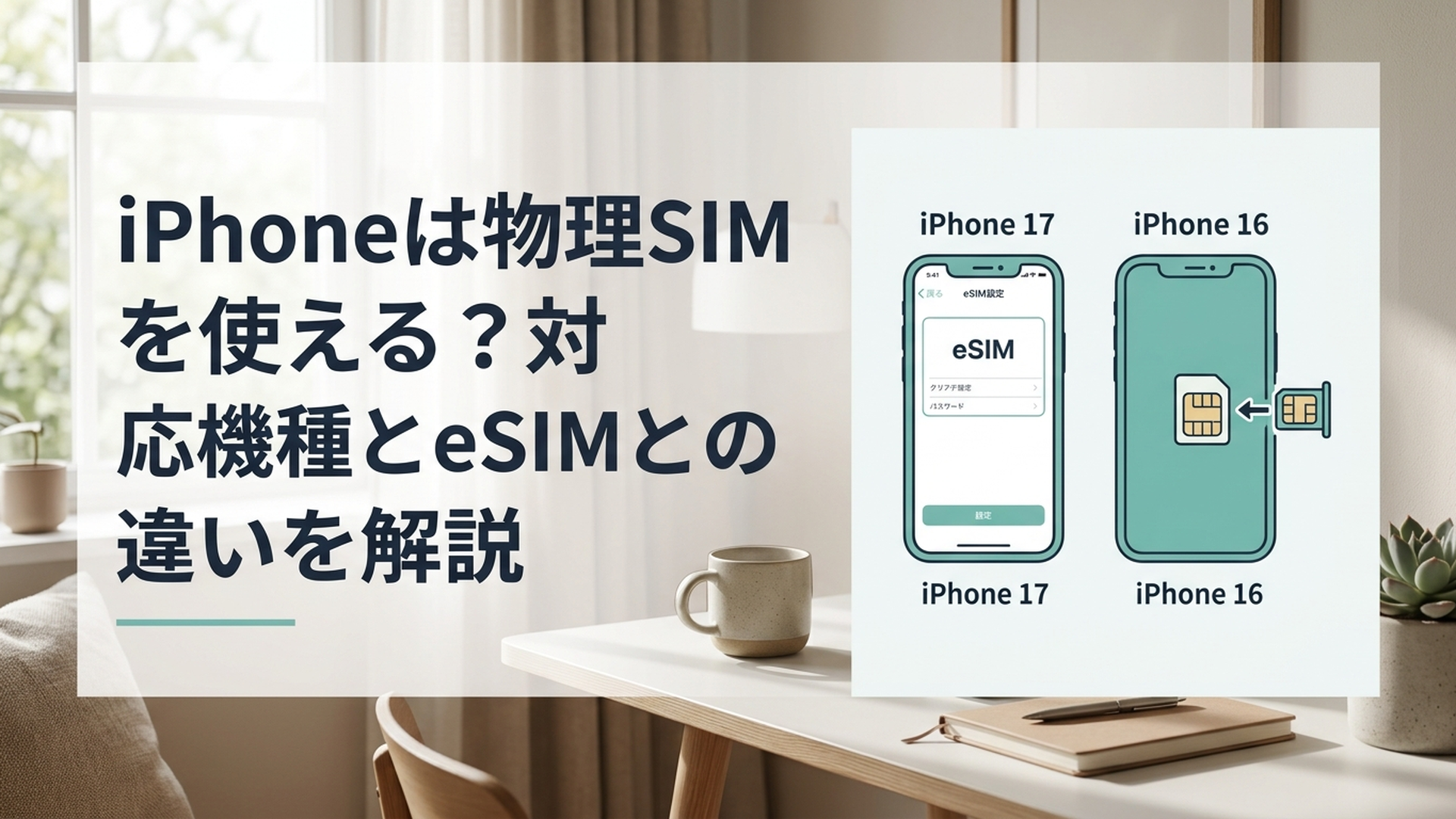iPhone 17のeSIM設定画面とiPhone 16のnano SIMカードを並べて物理SIM対応の違いを比較している様子