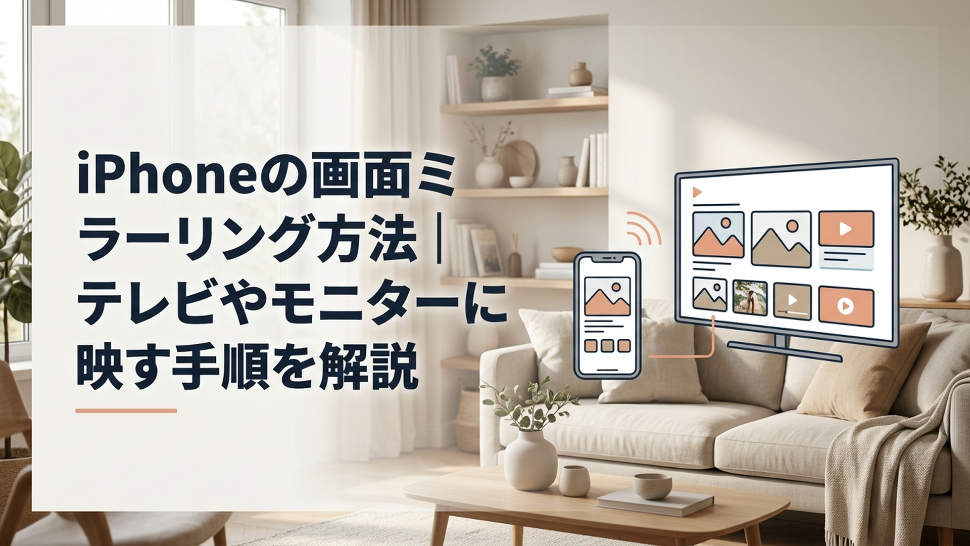 iPhoneの画面をリビングのテレビへミラーリングして写真や動画を表示している様子